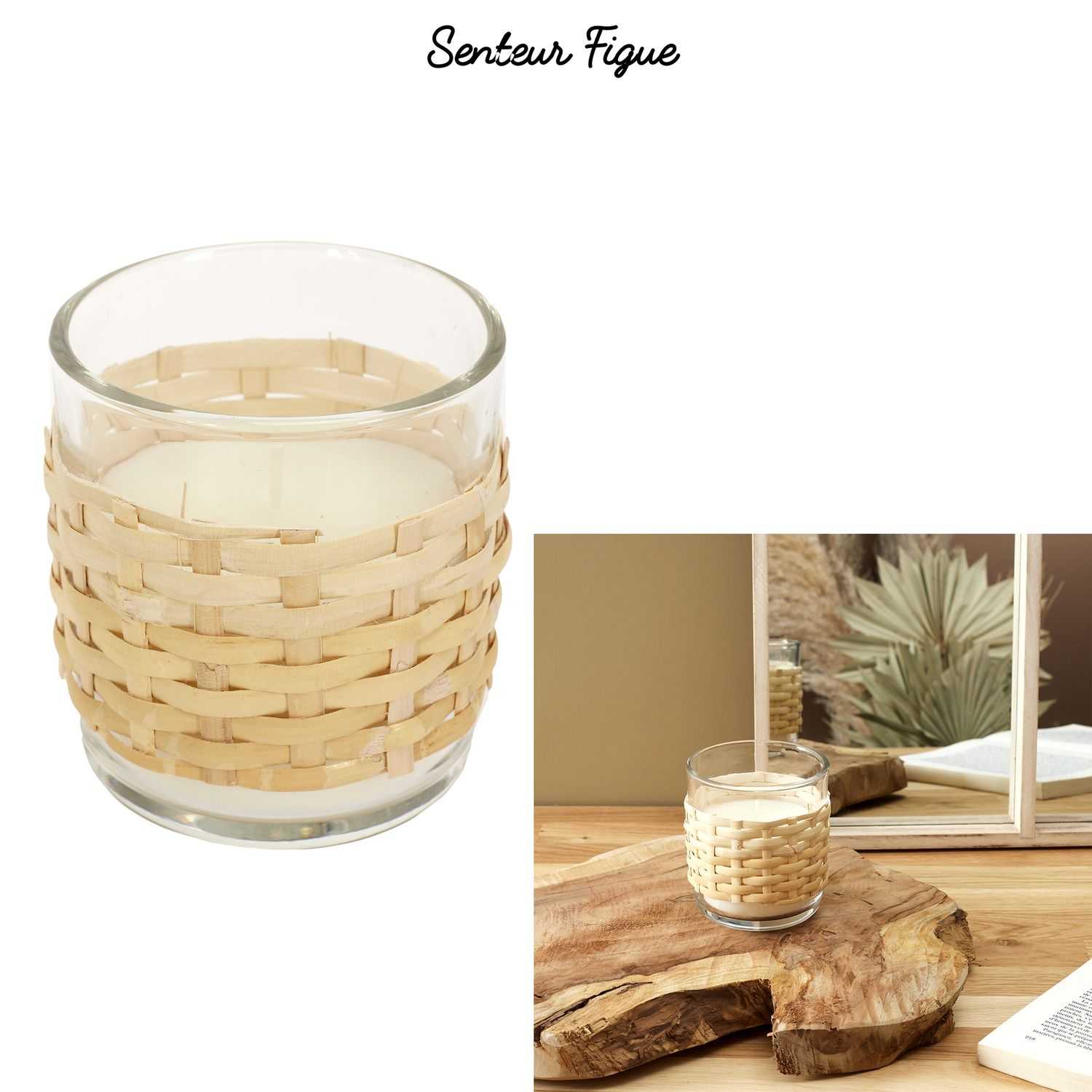 Geurkaars in glas met rieten rand D10cm
