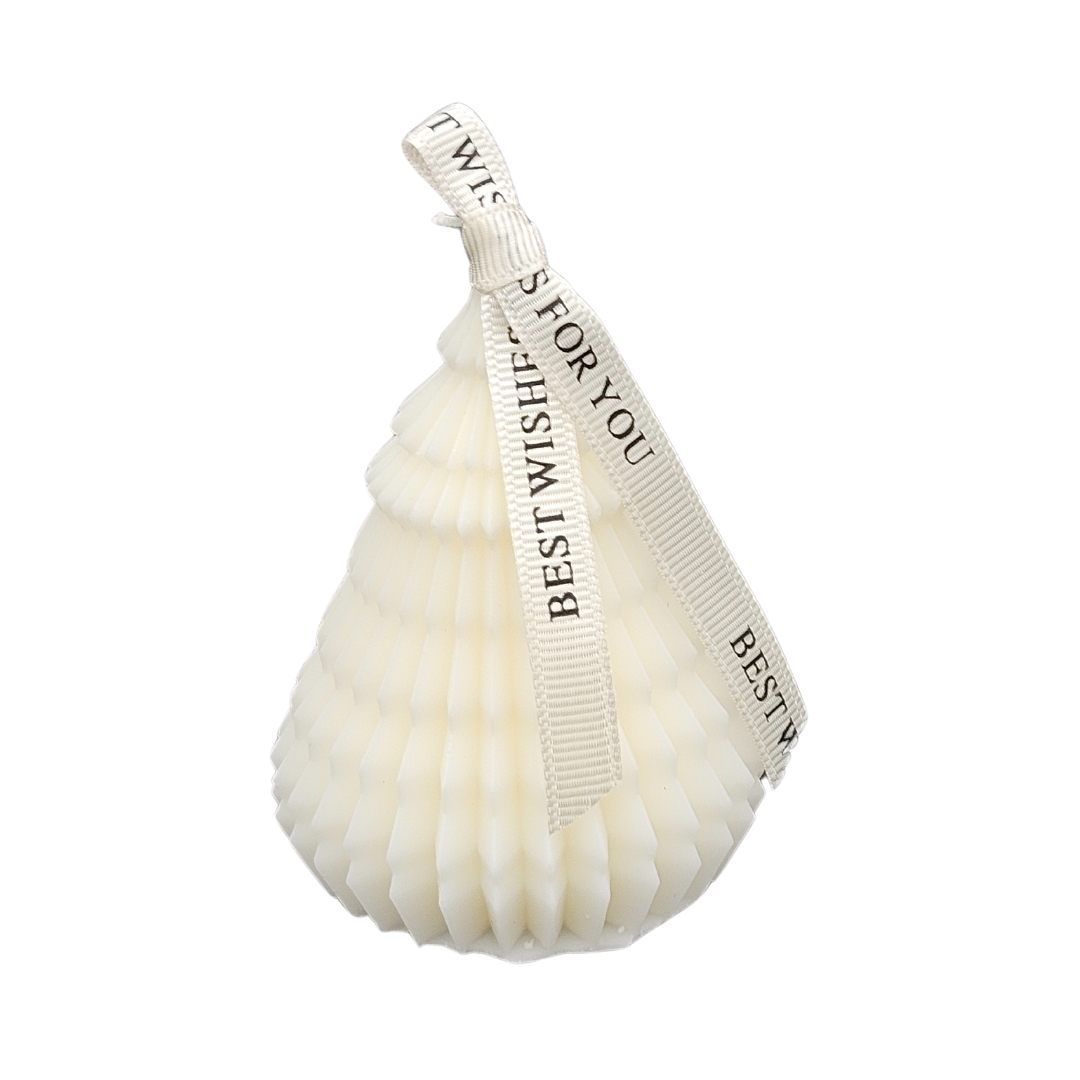 Kerstboom kaars crème met lint Kerstboom kaars crème met lint