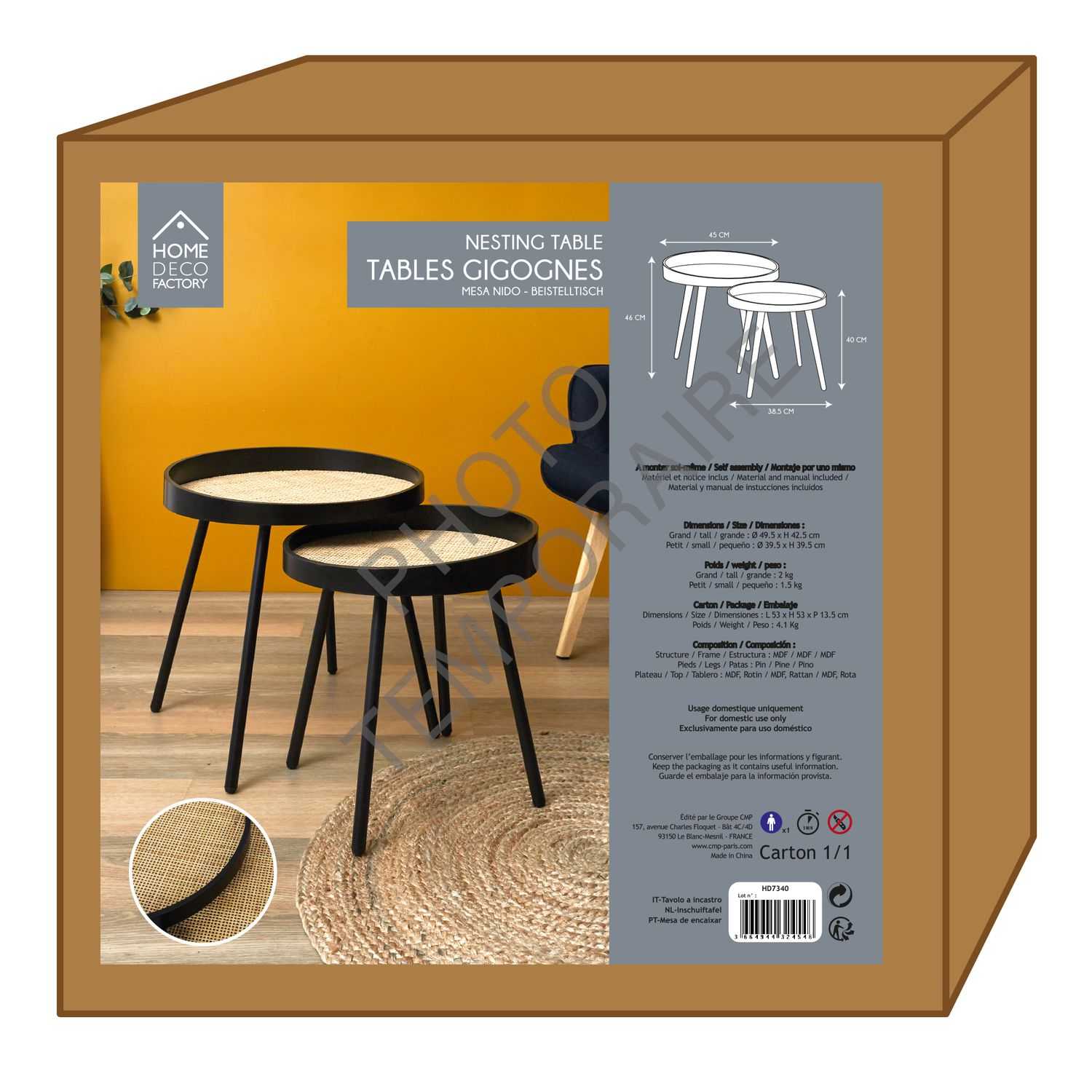 Home Deco Retro Bijzettafels met rieten blad 45x46x45cm, Zwart