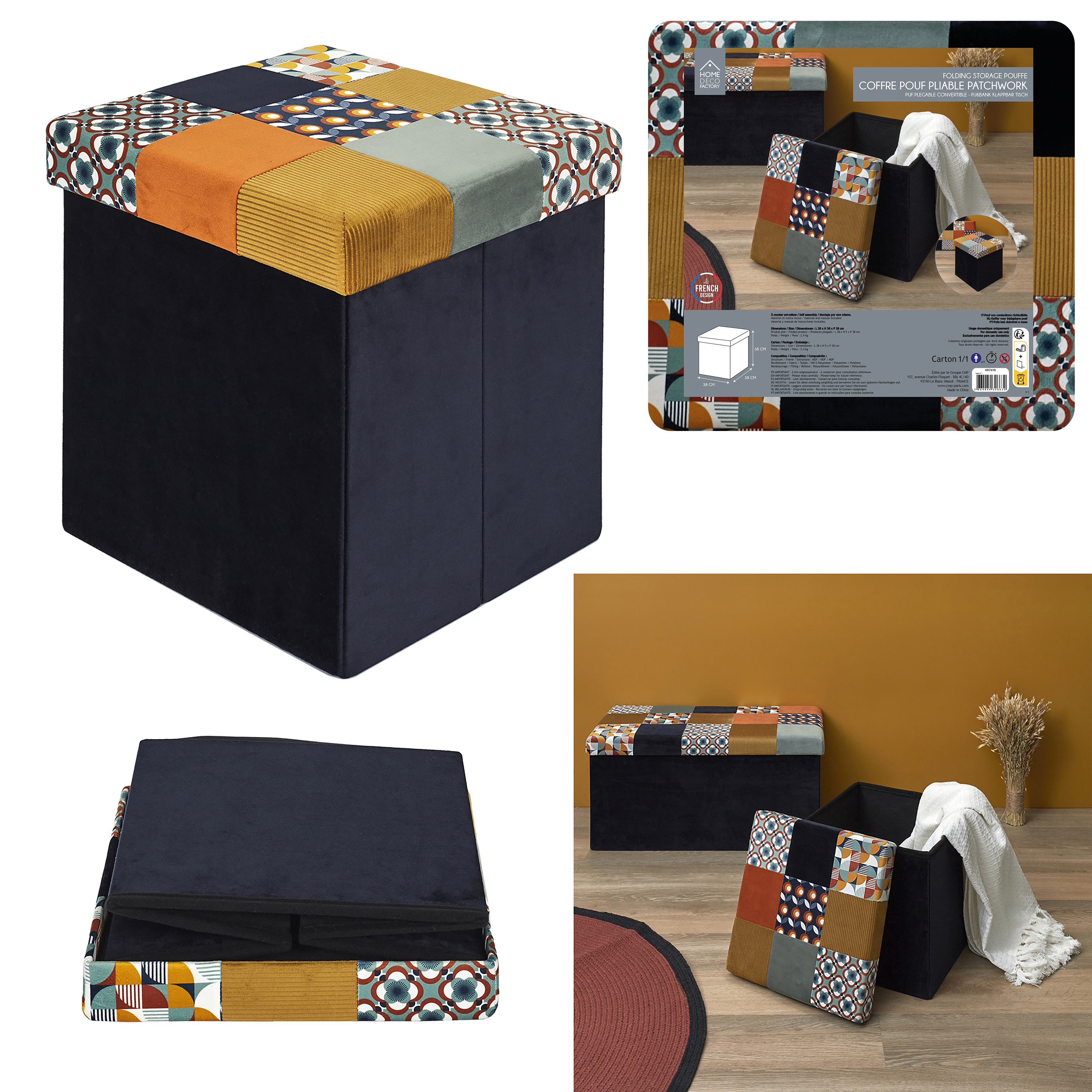 Home Deco Retro Opvouwbare poef Patchwork 38x38x38cm