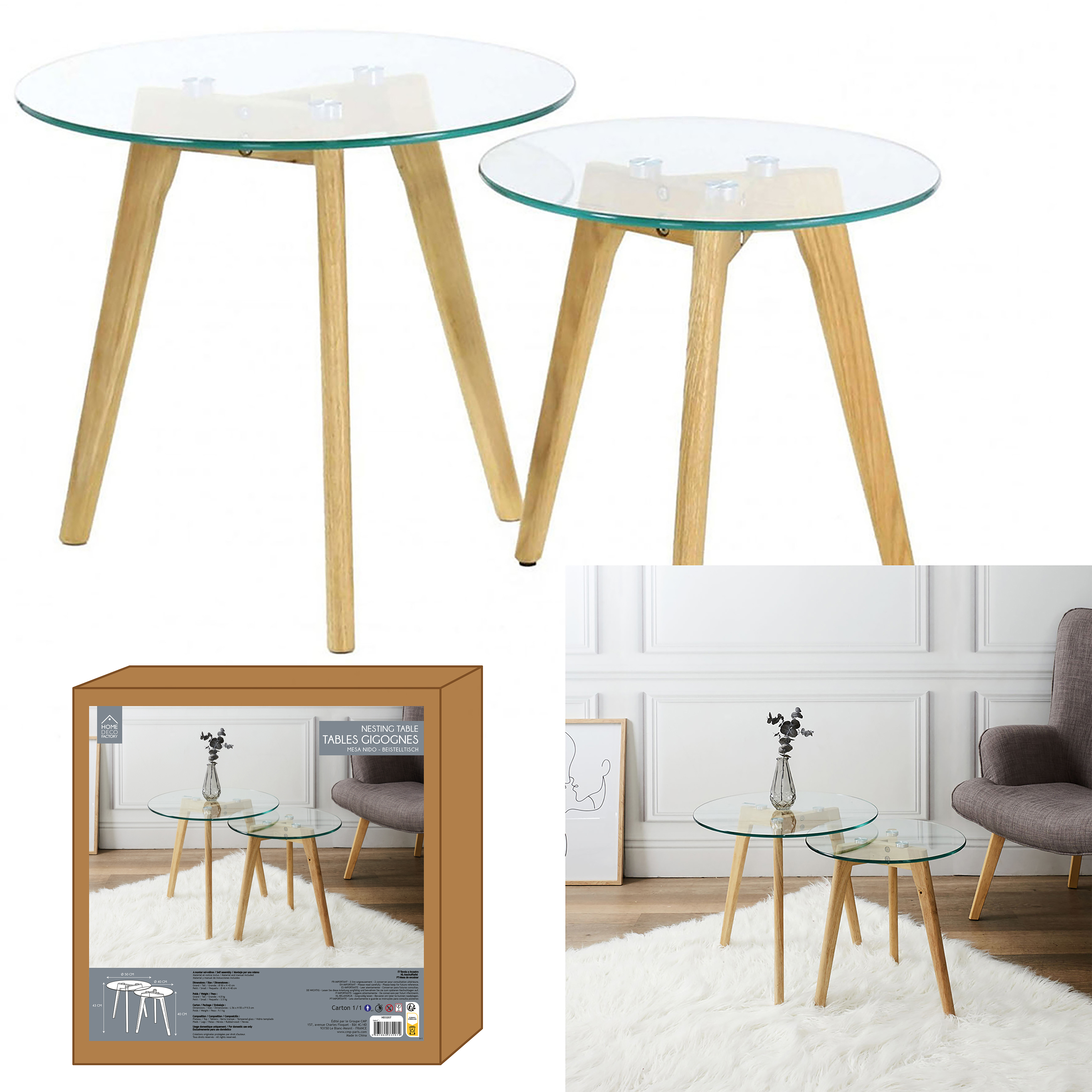 Set glazen bijzettafels 50x43,5x50cm