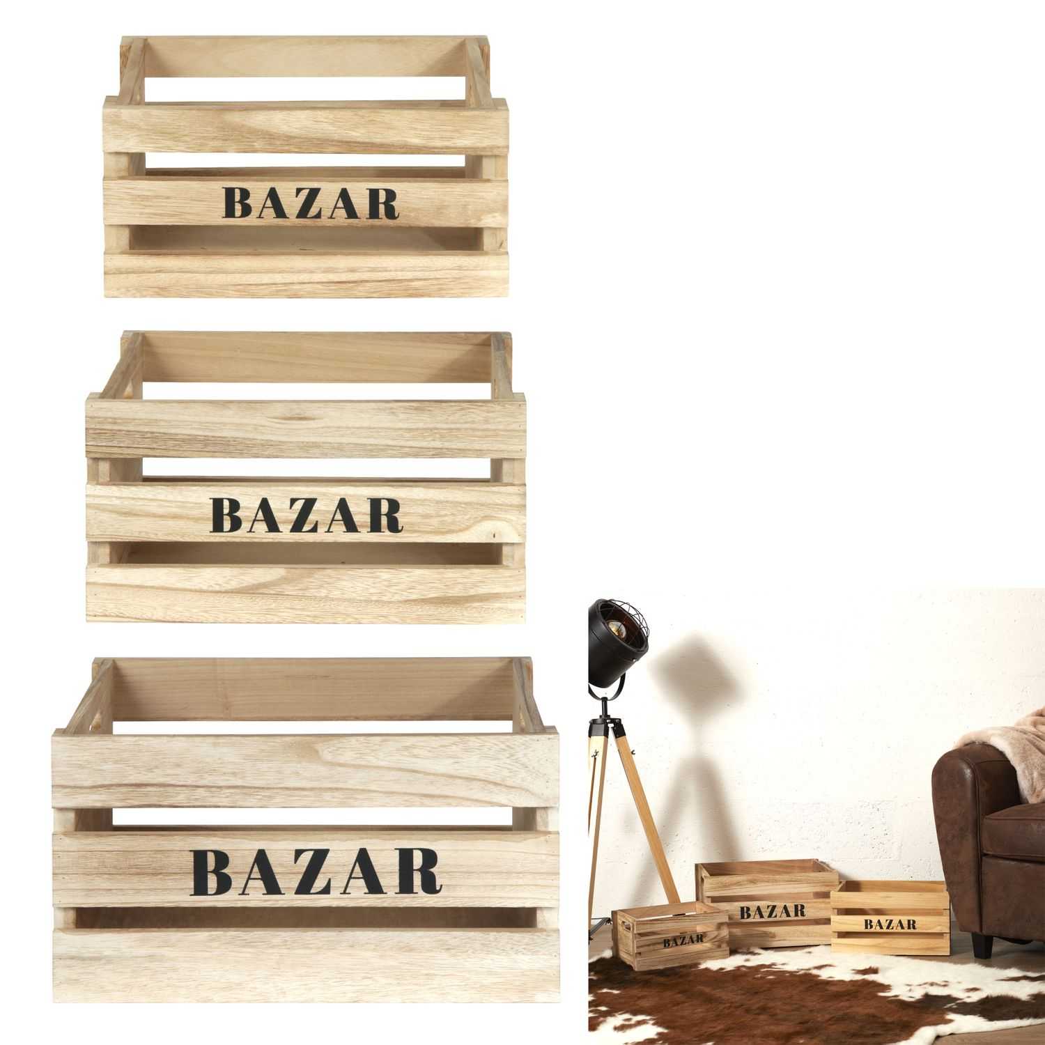 Decoratieve houten opbergkratten, set 3 stuks