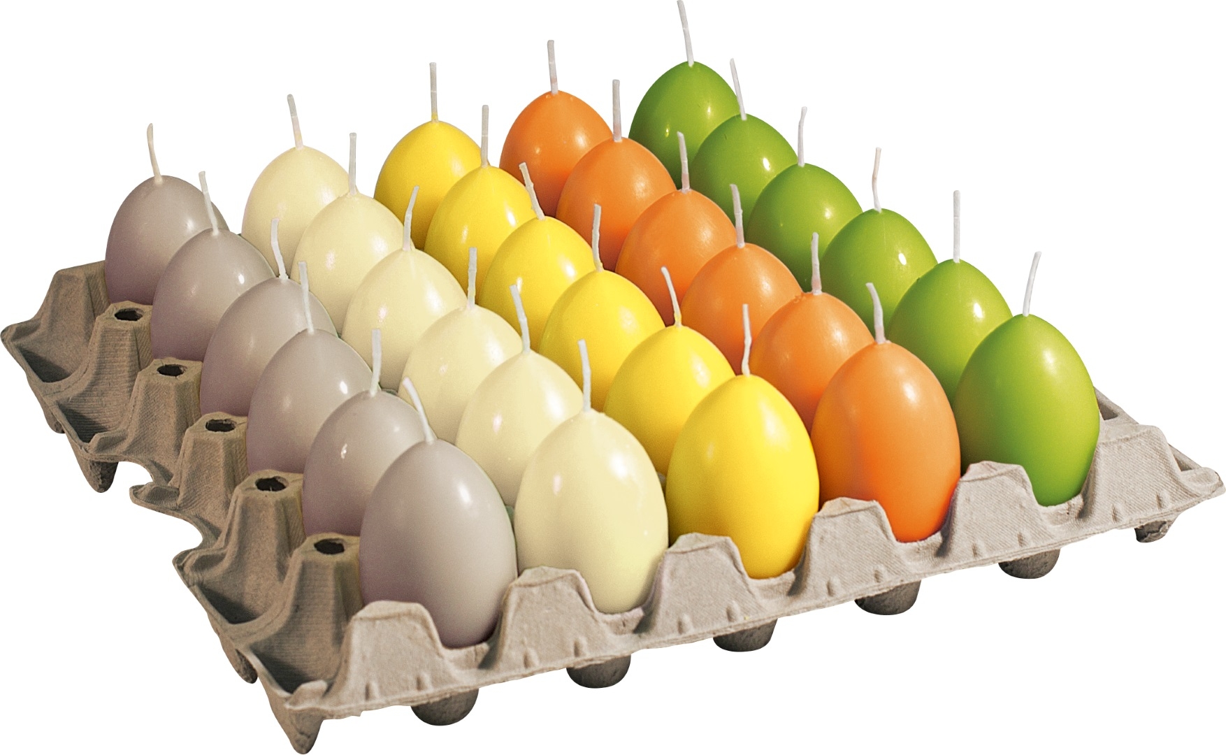 Eikaars 60/45 tray 30 Ivoor, mango, geel, lime, warm grijs