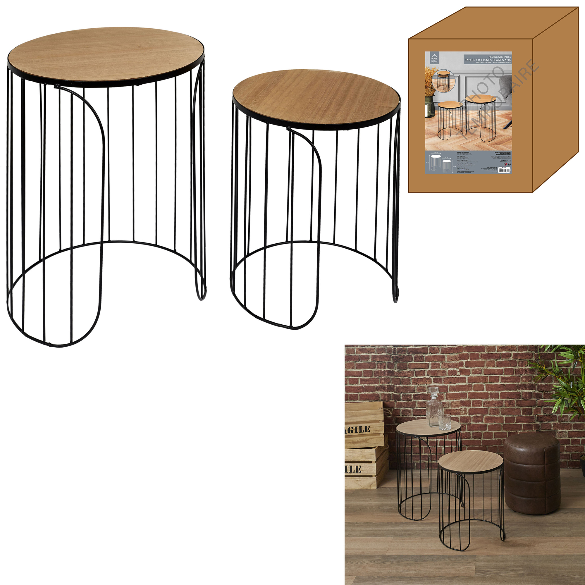 Bijzettafels metaal met houten blad set 2 stuks, Zwart