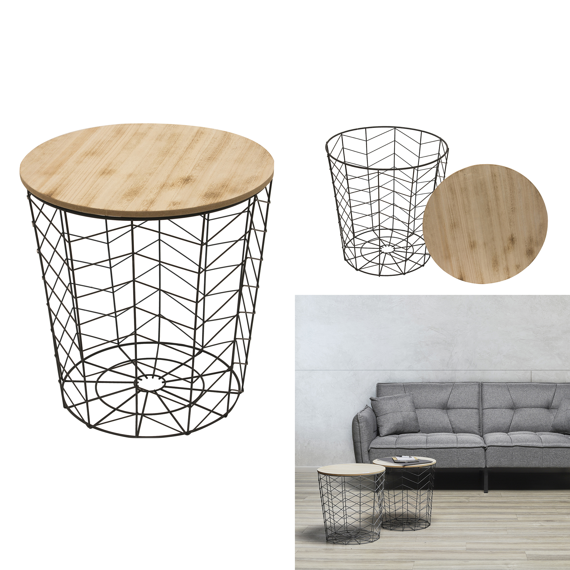 Metalen draadmand zwart 38,5x40x38,5cm met houten deksel Metalen draadmand zwart 38,5x40x38,5cm met houten deksel