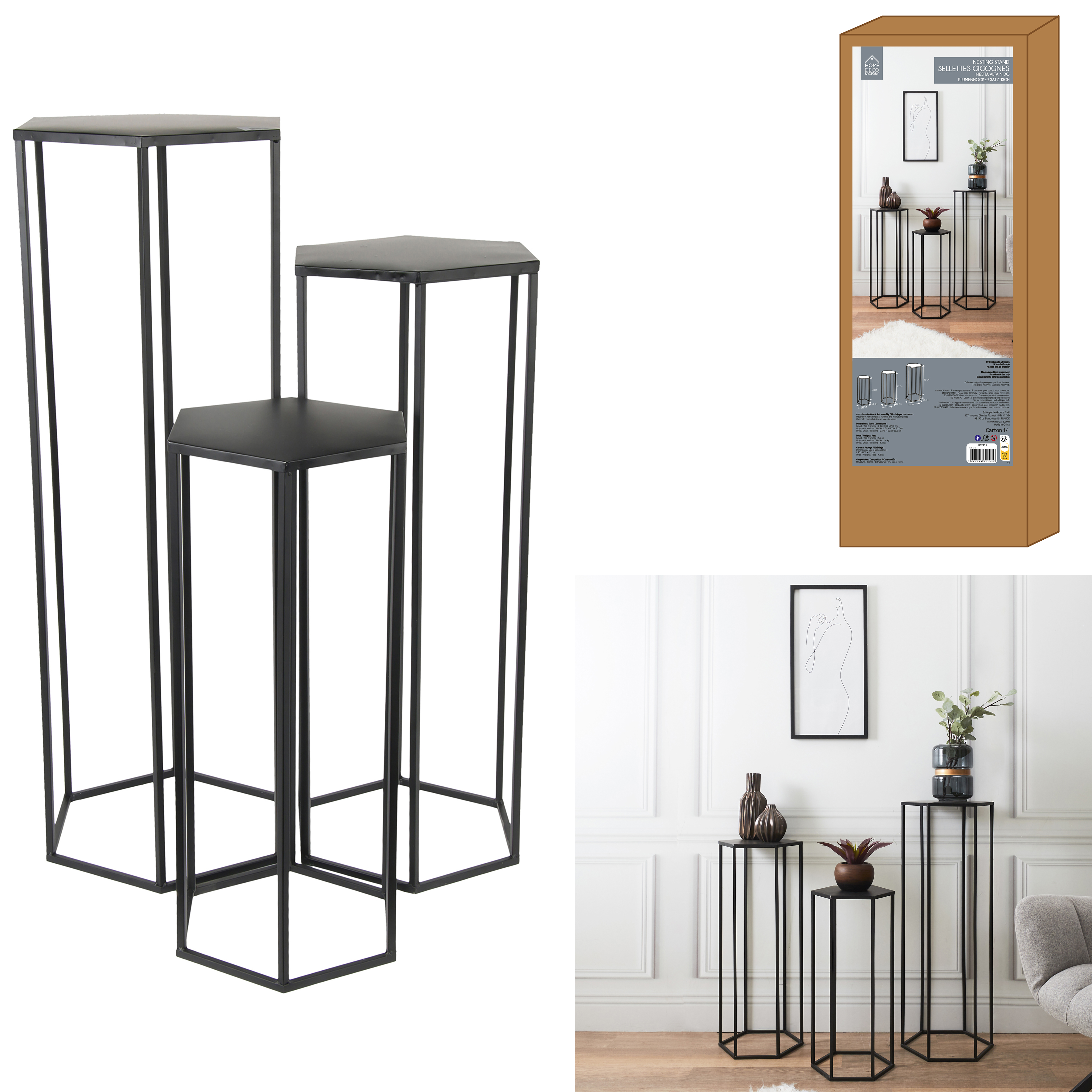 Metalen bijzettafels hoog set 3 stuks Zwart