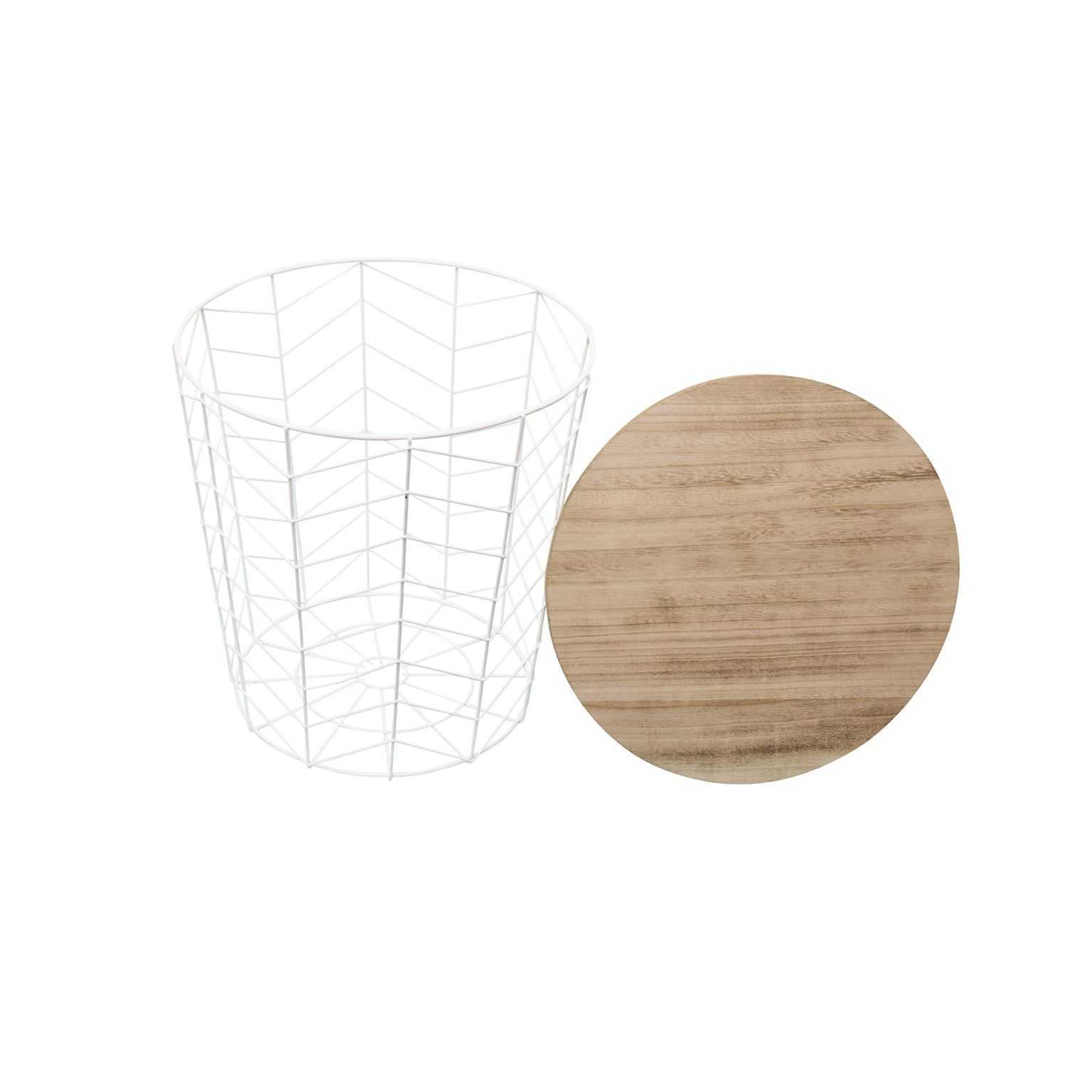 Metalen draadmand wit 38,5x40x38,5cm met houten deksel