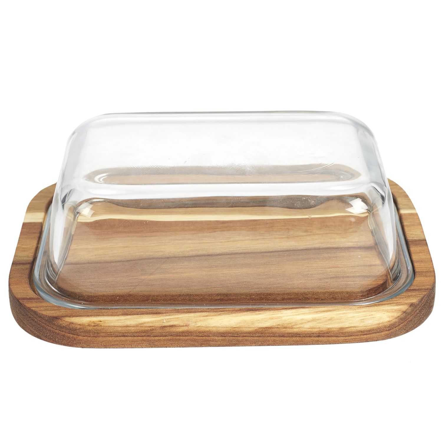 Acacia botervloot met glazen deksel 19x14cm