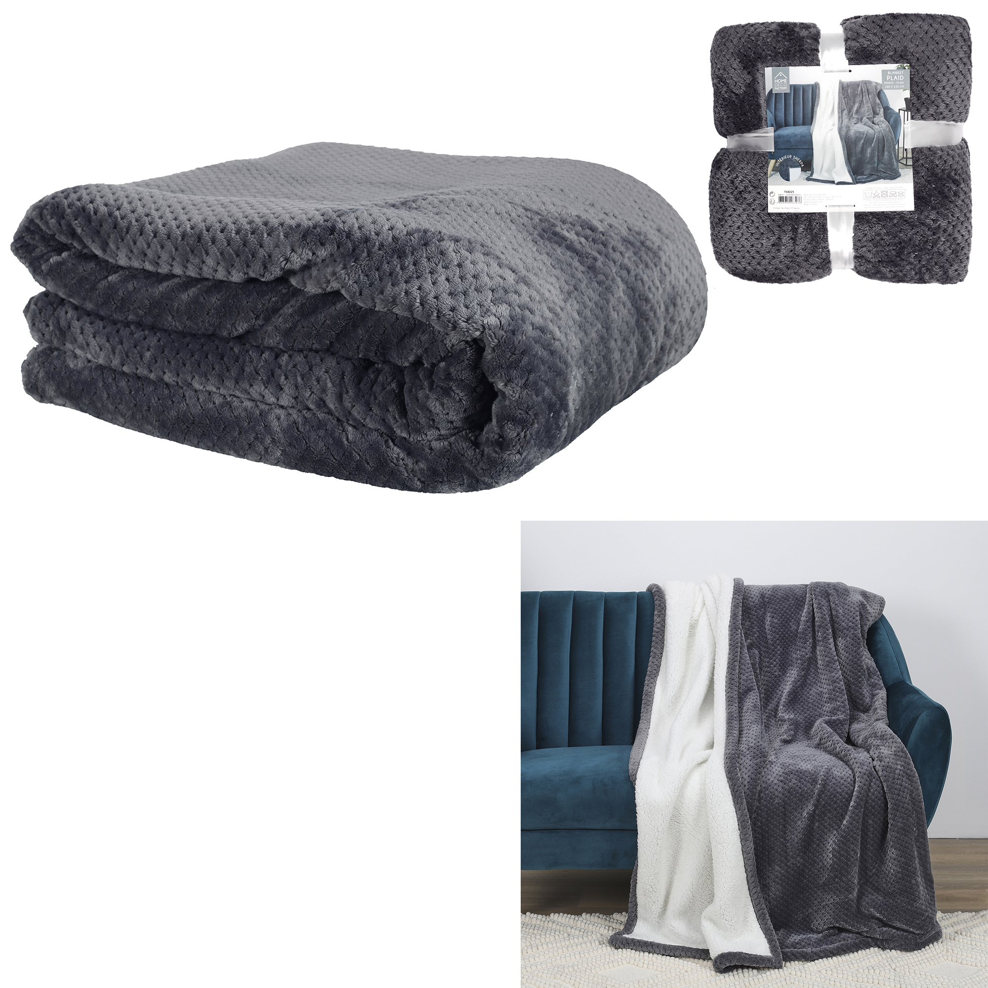 Fleece honingraat plaid xxl 180x220cm Grijs Fleece honingraat plaid xxl 180x220cm Grijs