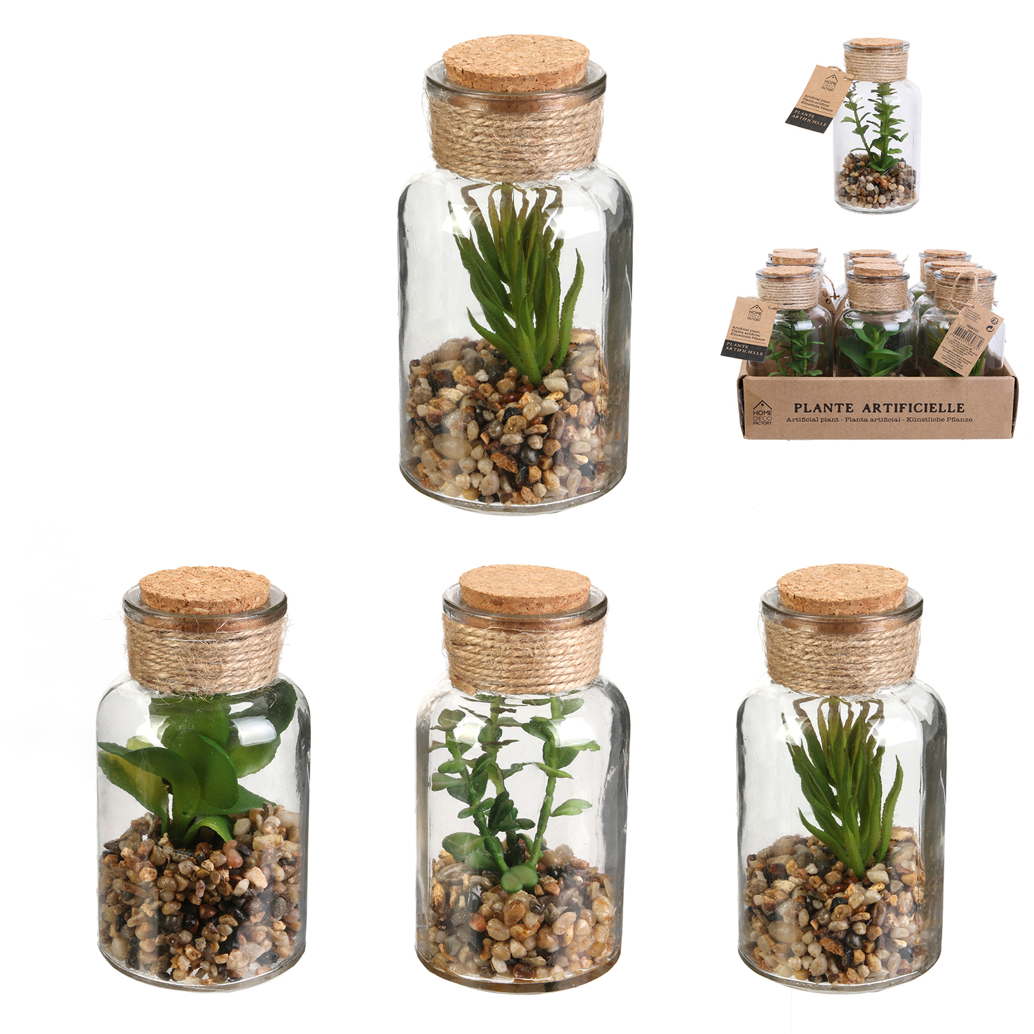 Kunstplantje in glazen pot