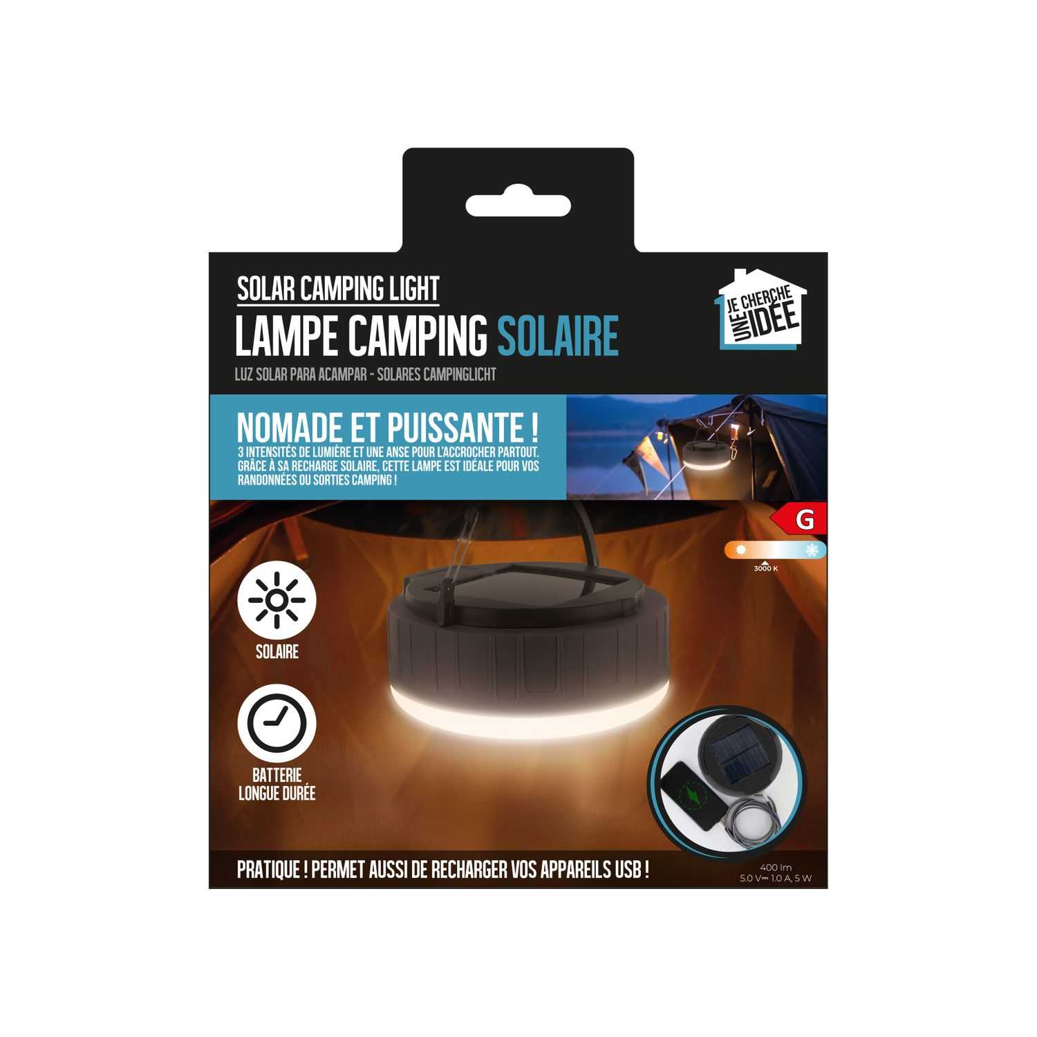 Solar campinglamp met ophangbeugel