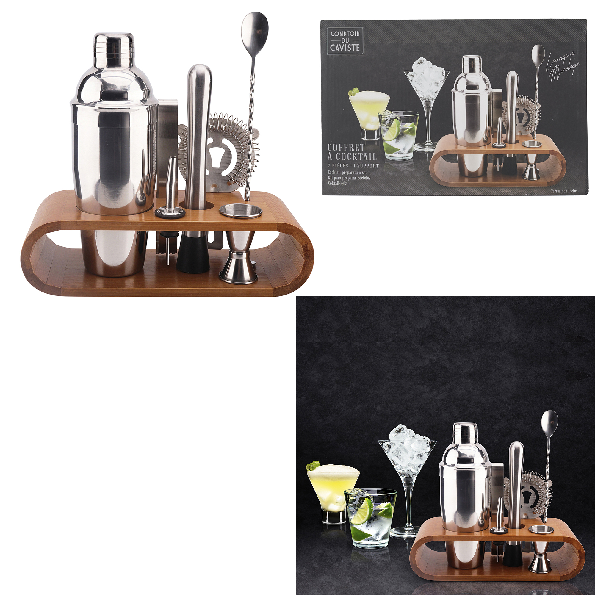 Cocktailset met bamboe dienblad Cocktailset met bamboe dienblad