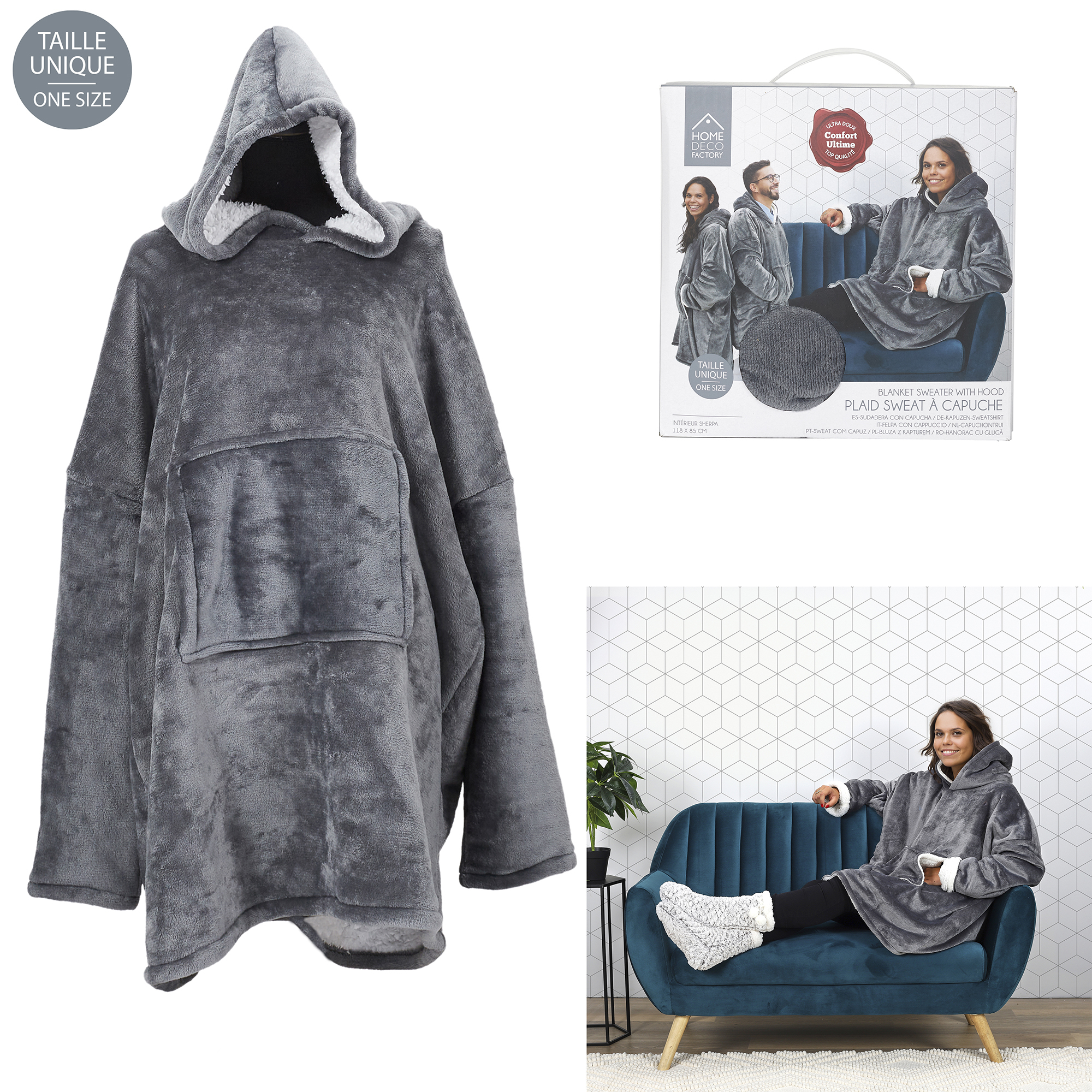 Sherpa met capuchon en mouwen Grijs 