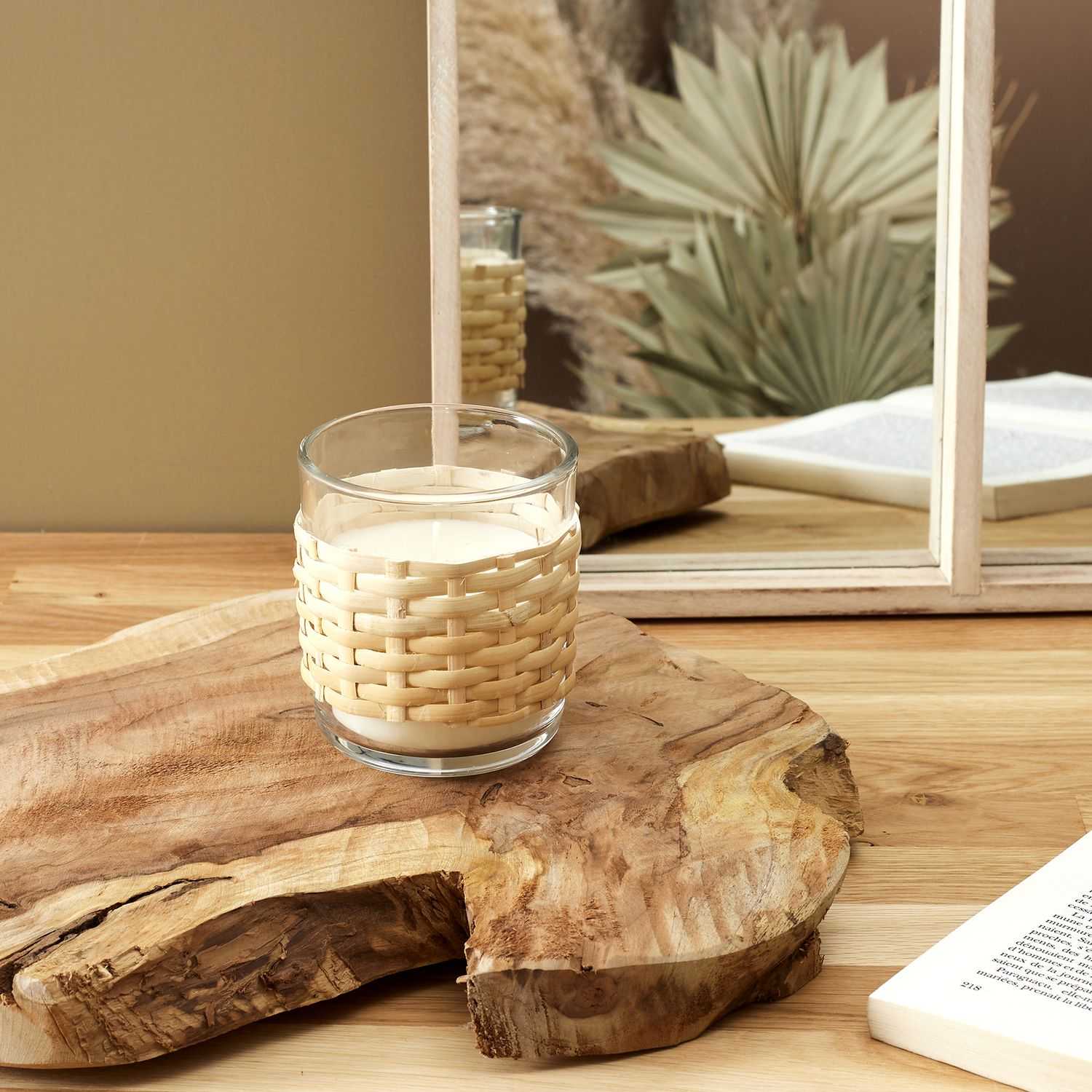Geurkaars in glas met rieten rand D10cm