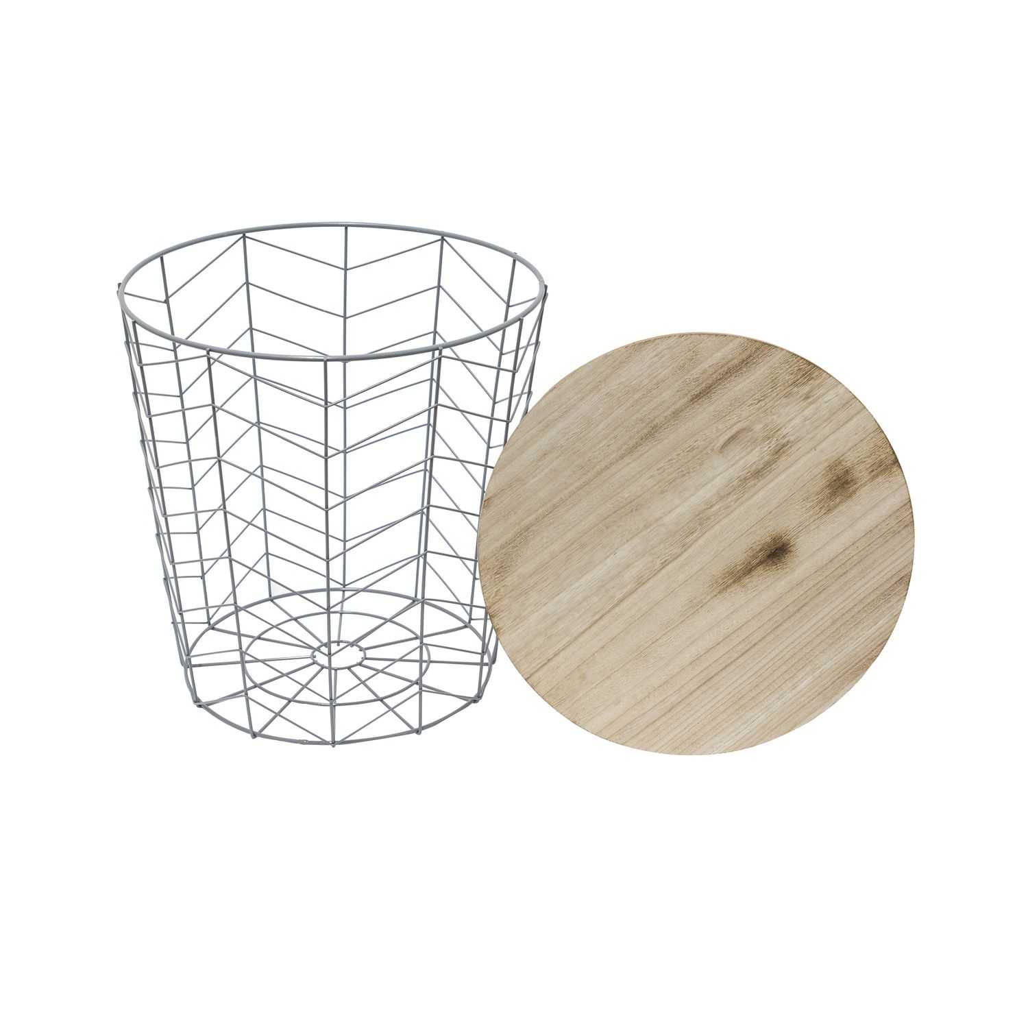 Metalen draadmand grijs 38,5x40x38,5cm met houten deksel