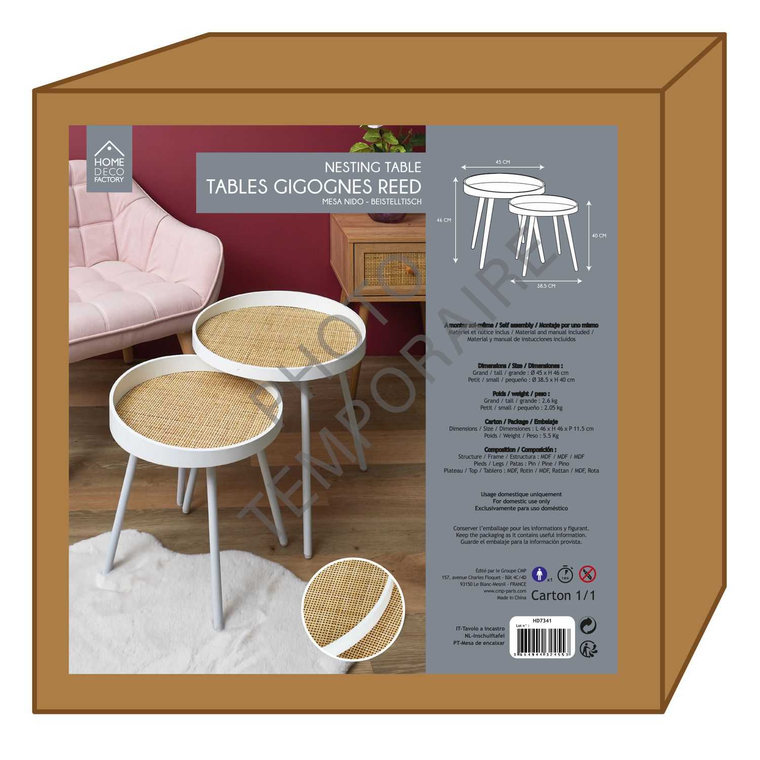 Nude Palette Bijzettafels met rieten blad 45x46x45cm, Wit