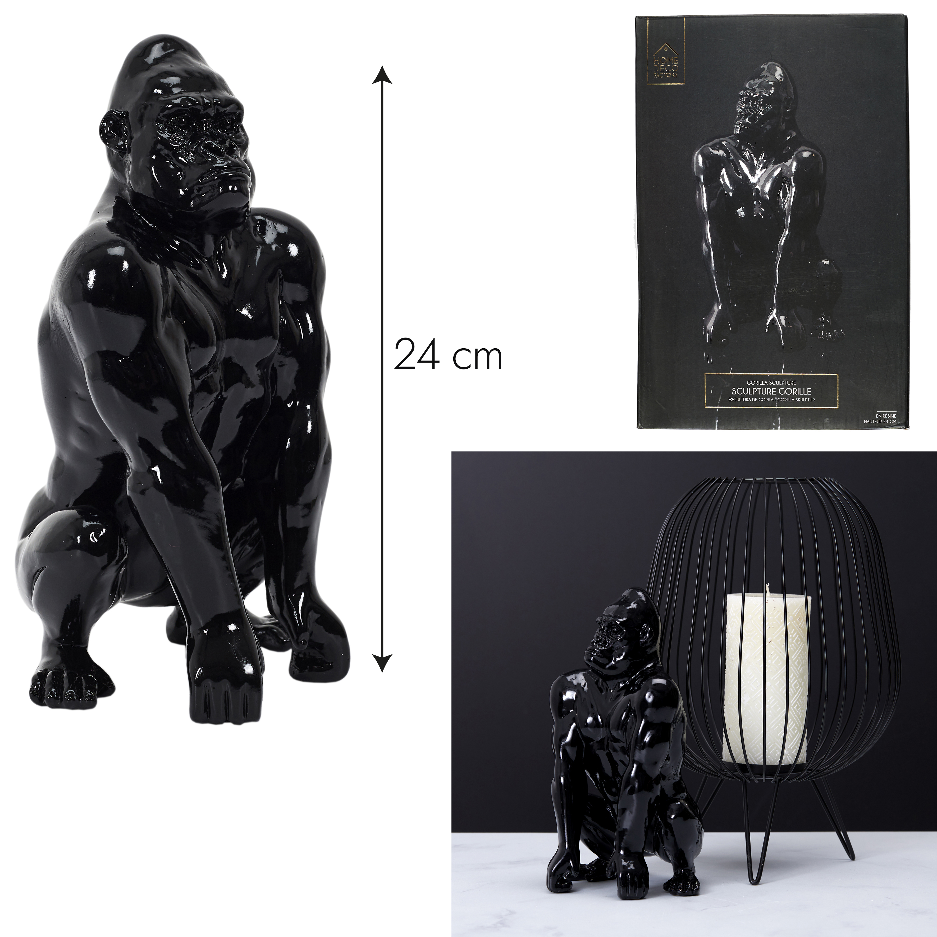 Decoratie gorilla 14,5x24x14cm Zwart 
