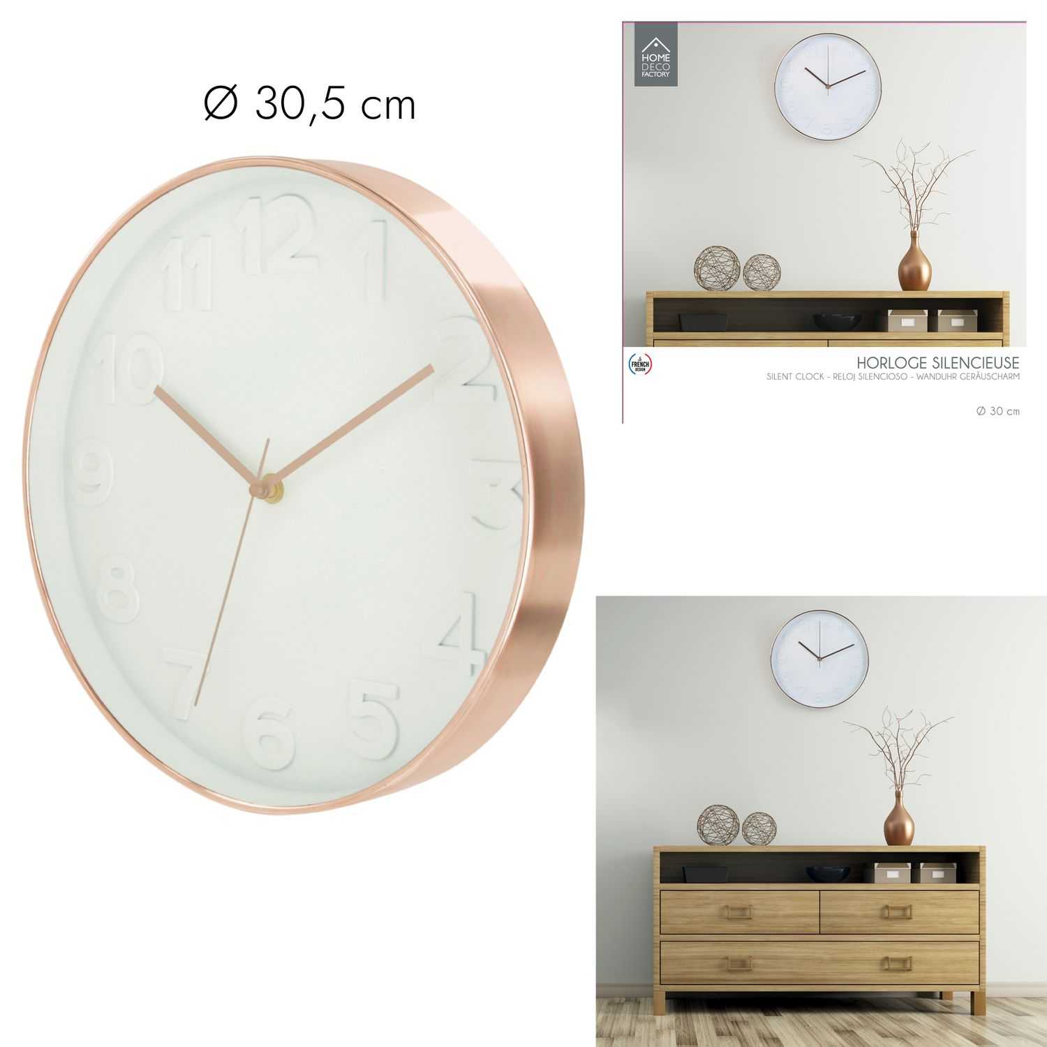Ronde klok D30,5cm koper en wit