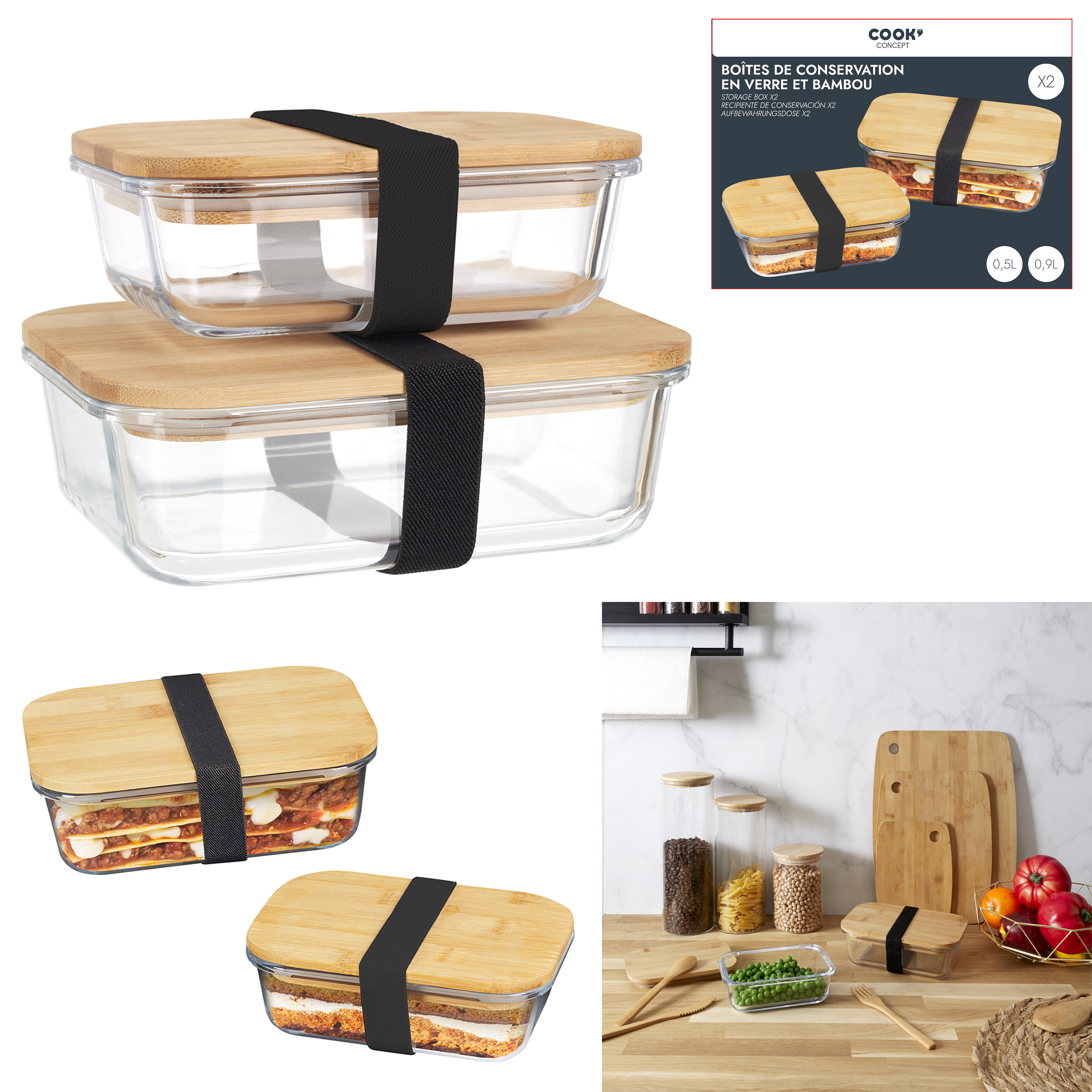 Opbergbox met bamboedeksel en elastiek set 2 stuks 