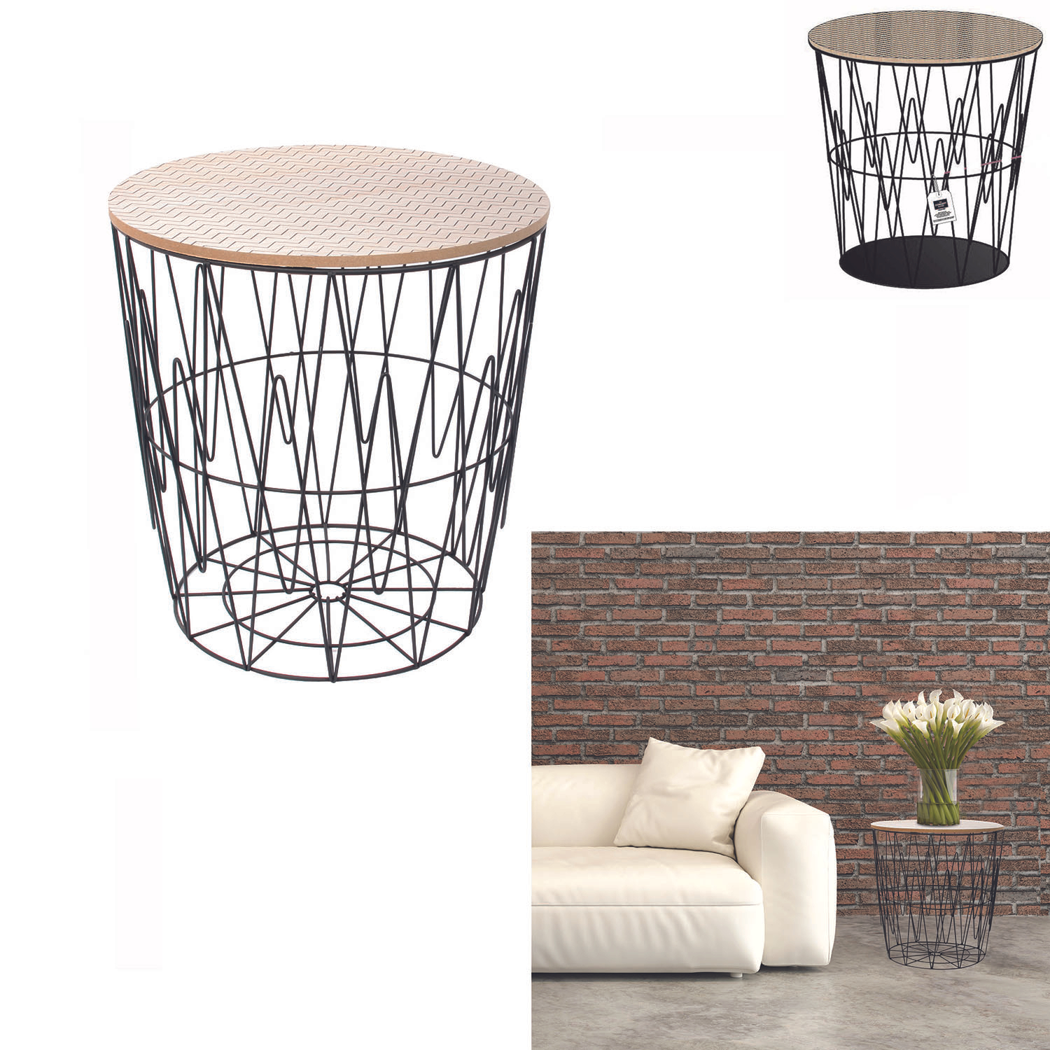 Metalen draadmand zwart 38,5x40x38,5cm met houten deksel
