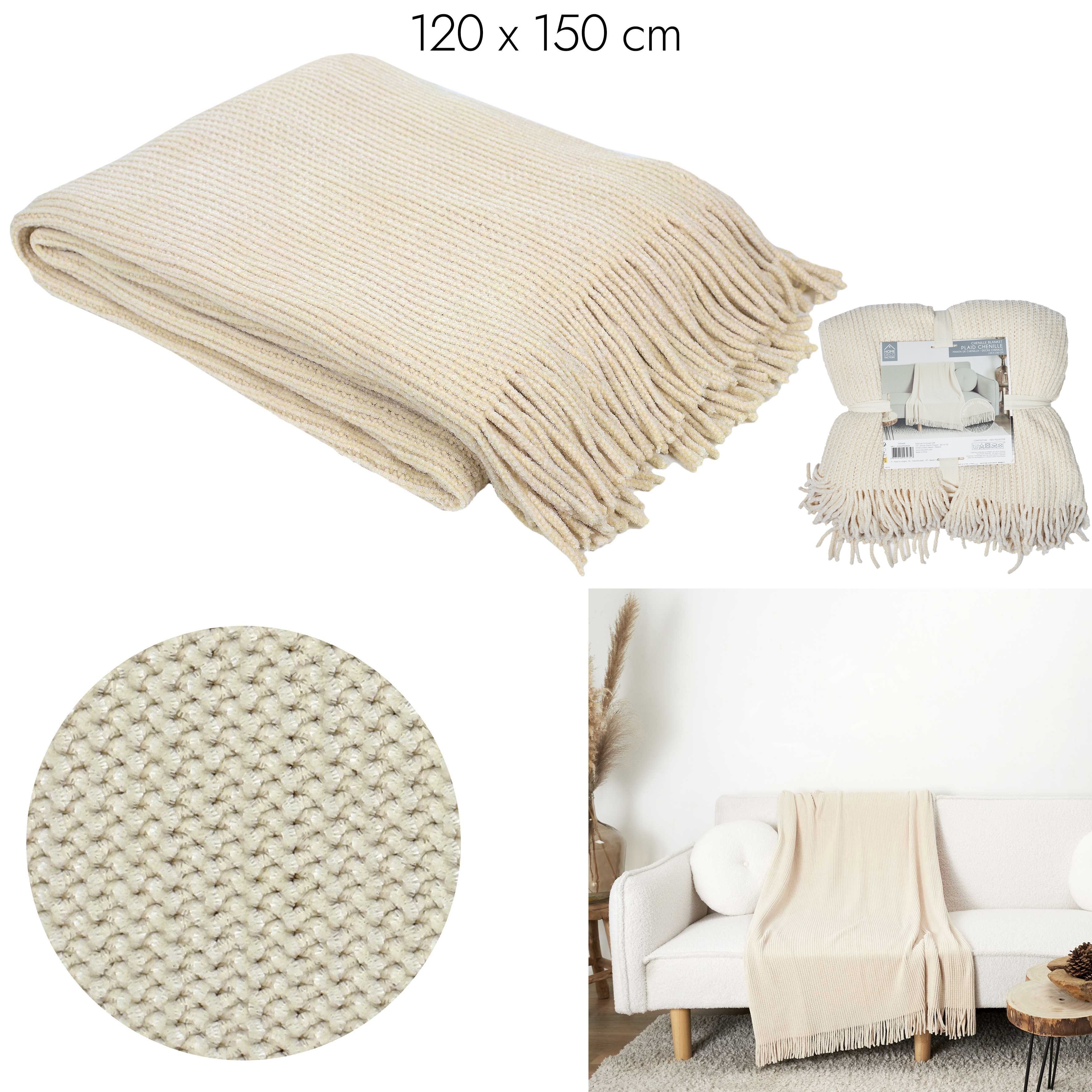 Flanelen deken franje 125x150cm Beige