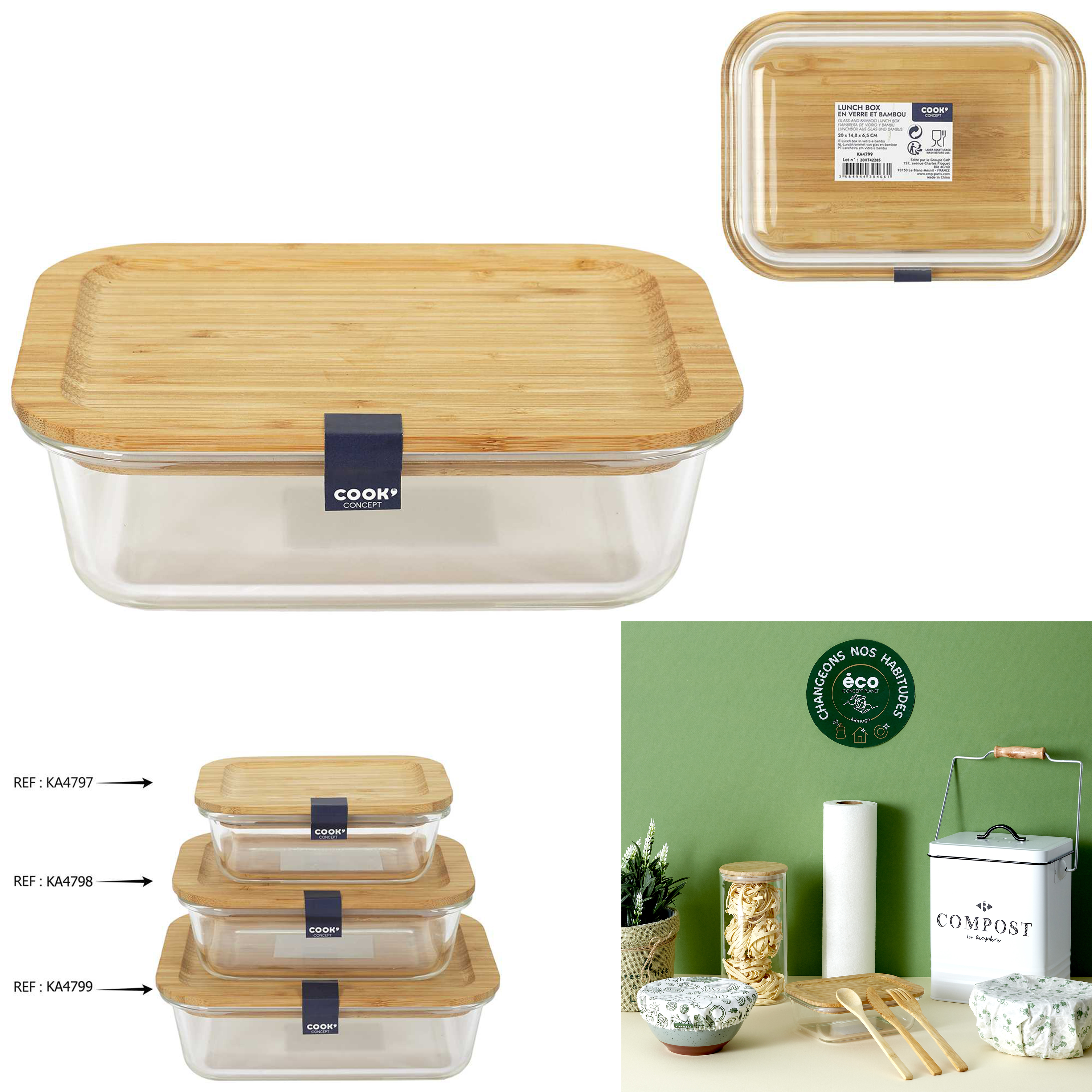 Glazen lunchbox met bamboedeksel 1040ml - Partij 3 stuk(s)