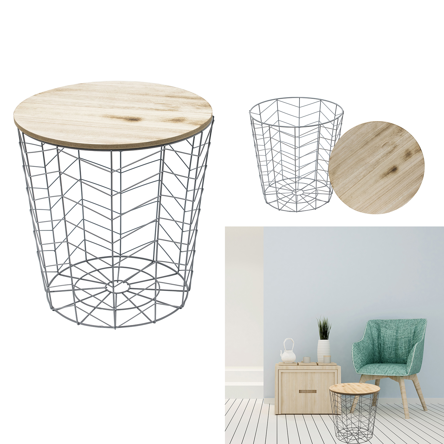 Metalen draadmand grijs 38,5x40x38,5cm met houten deksel