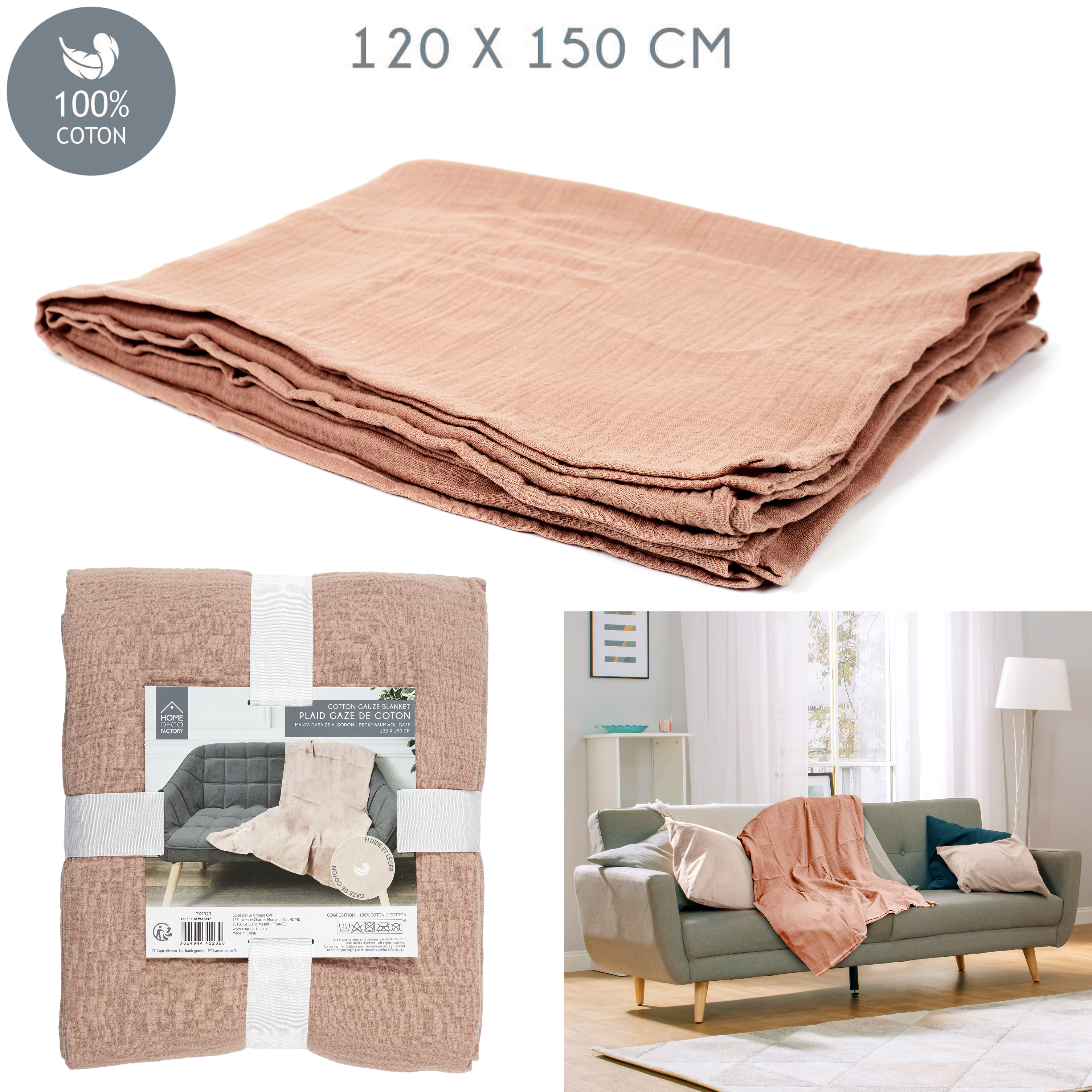 Nude Palette Lychee katoenen plaid 120x150cm Roze