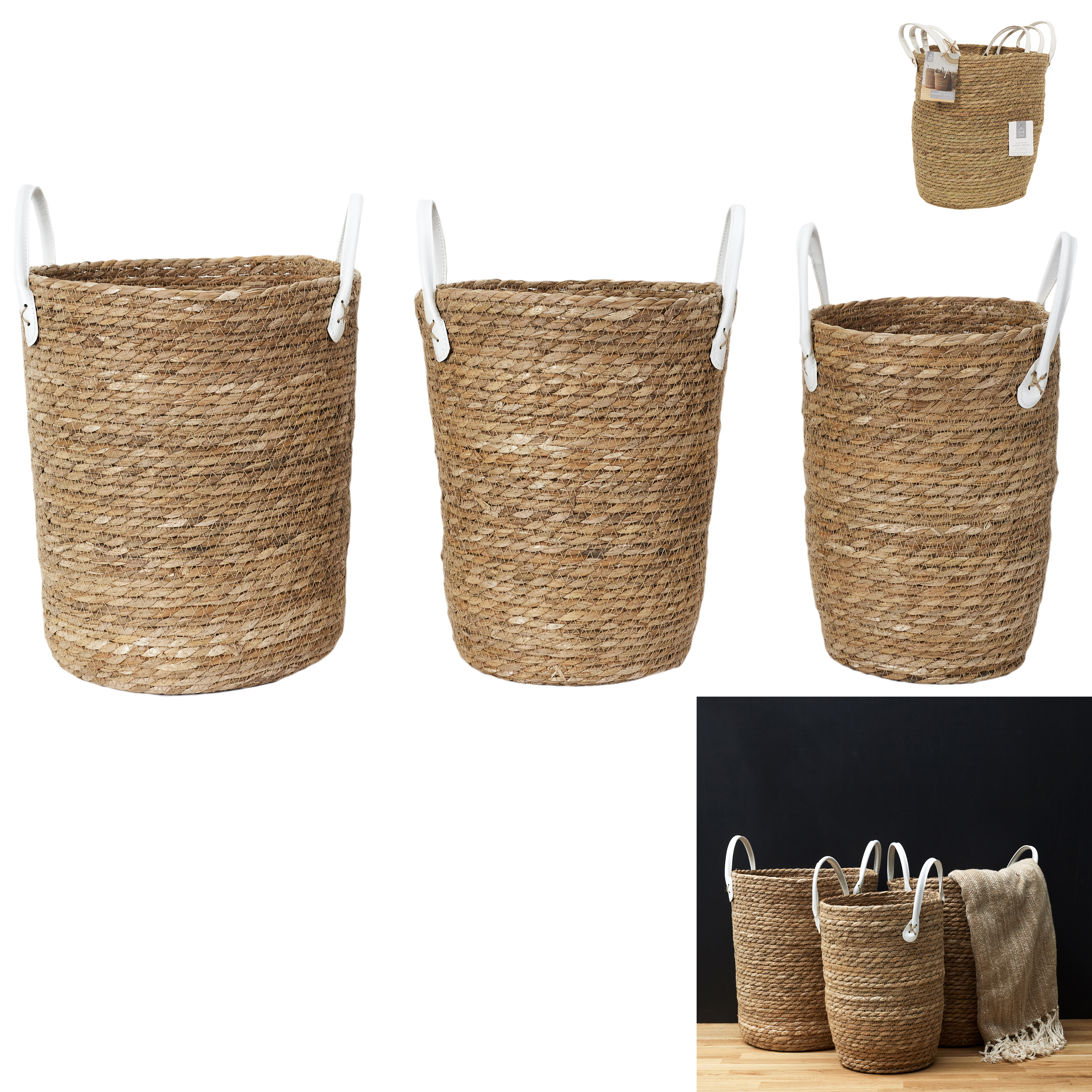 Gevlochten manden met handvaten set 3 stuks