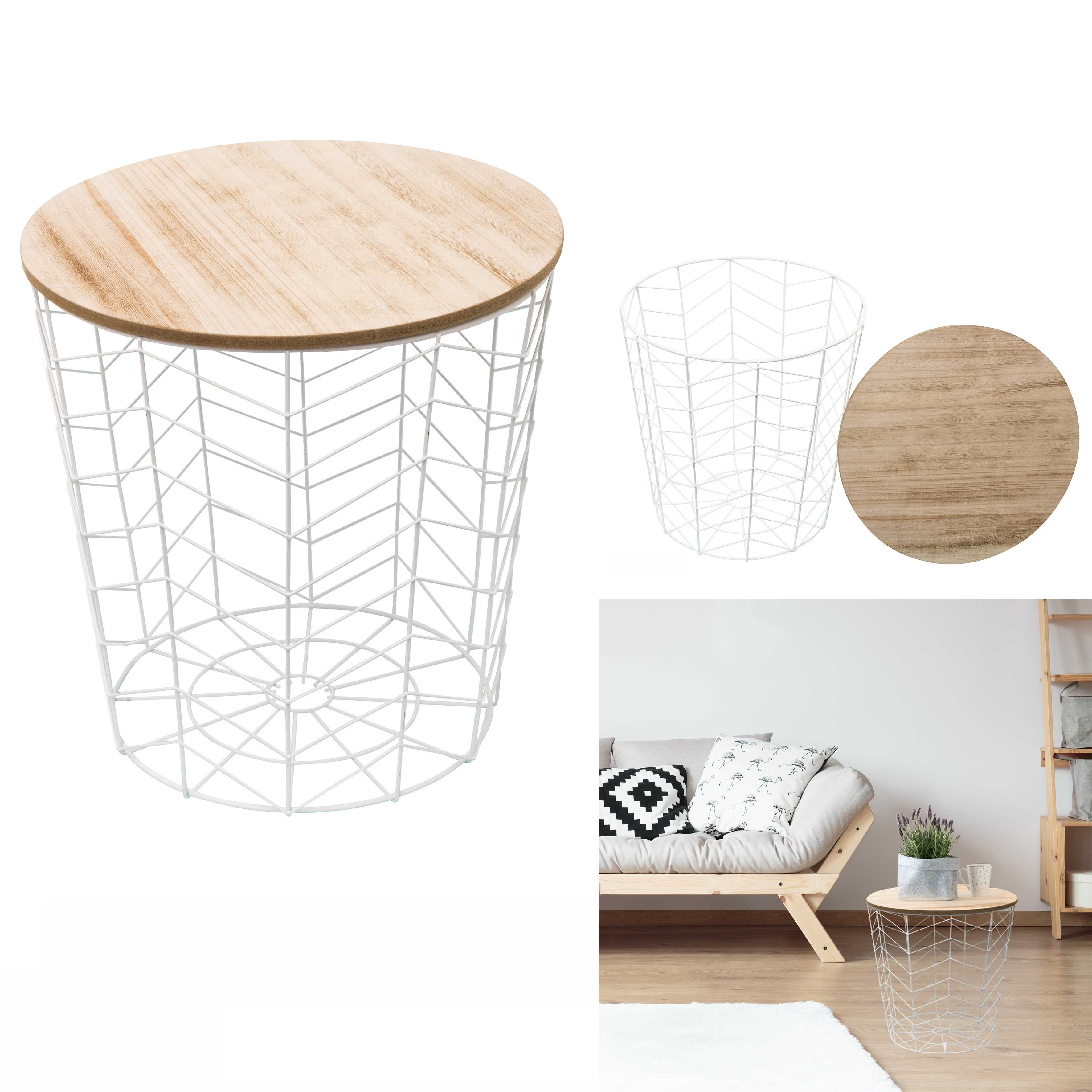 Metalen draadmand wit 38,5x40x38,5cm met houten deksel