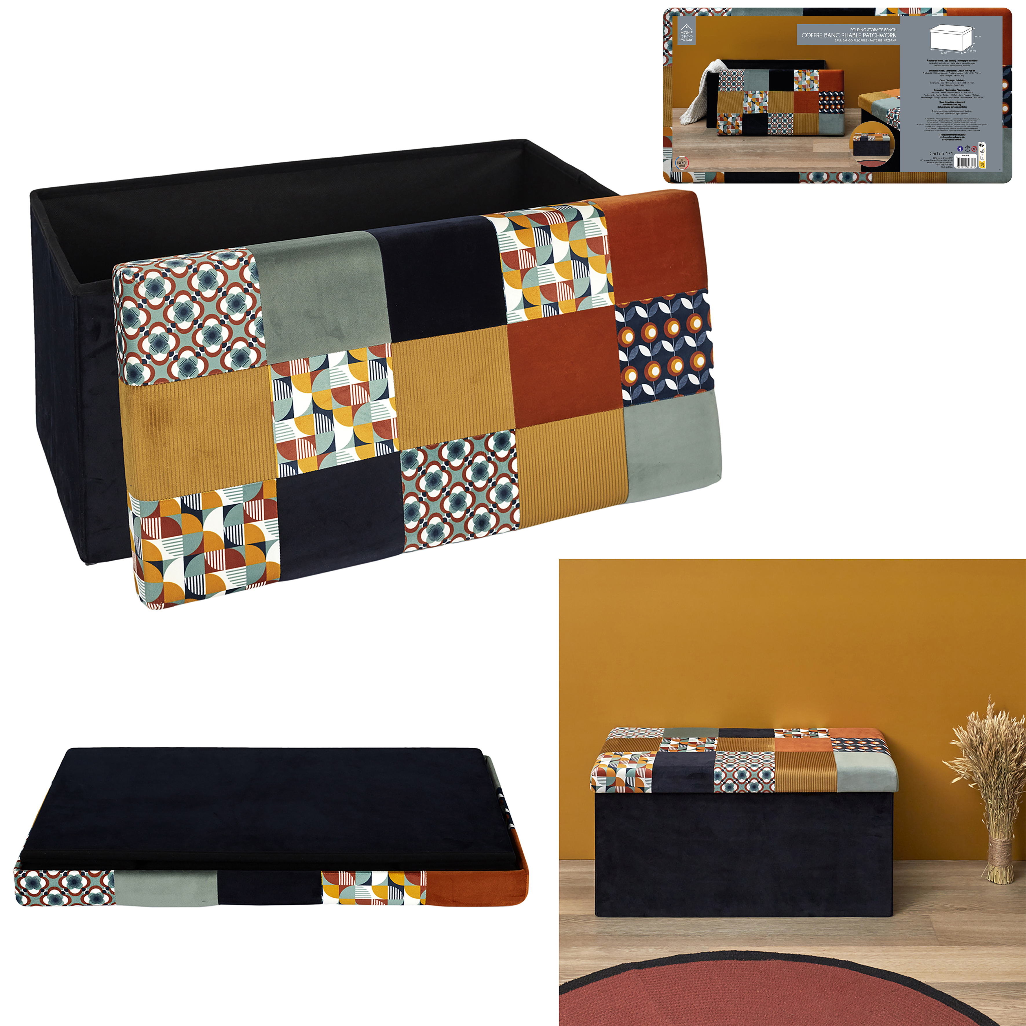 Home Deco Retro Opvouwbare poef Patchwork 76x38x38cm