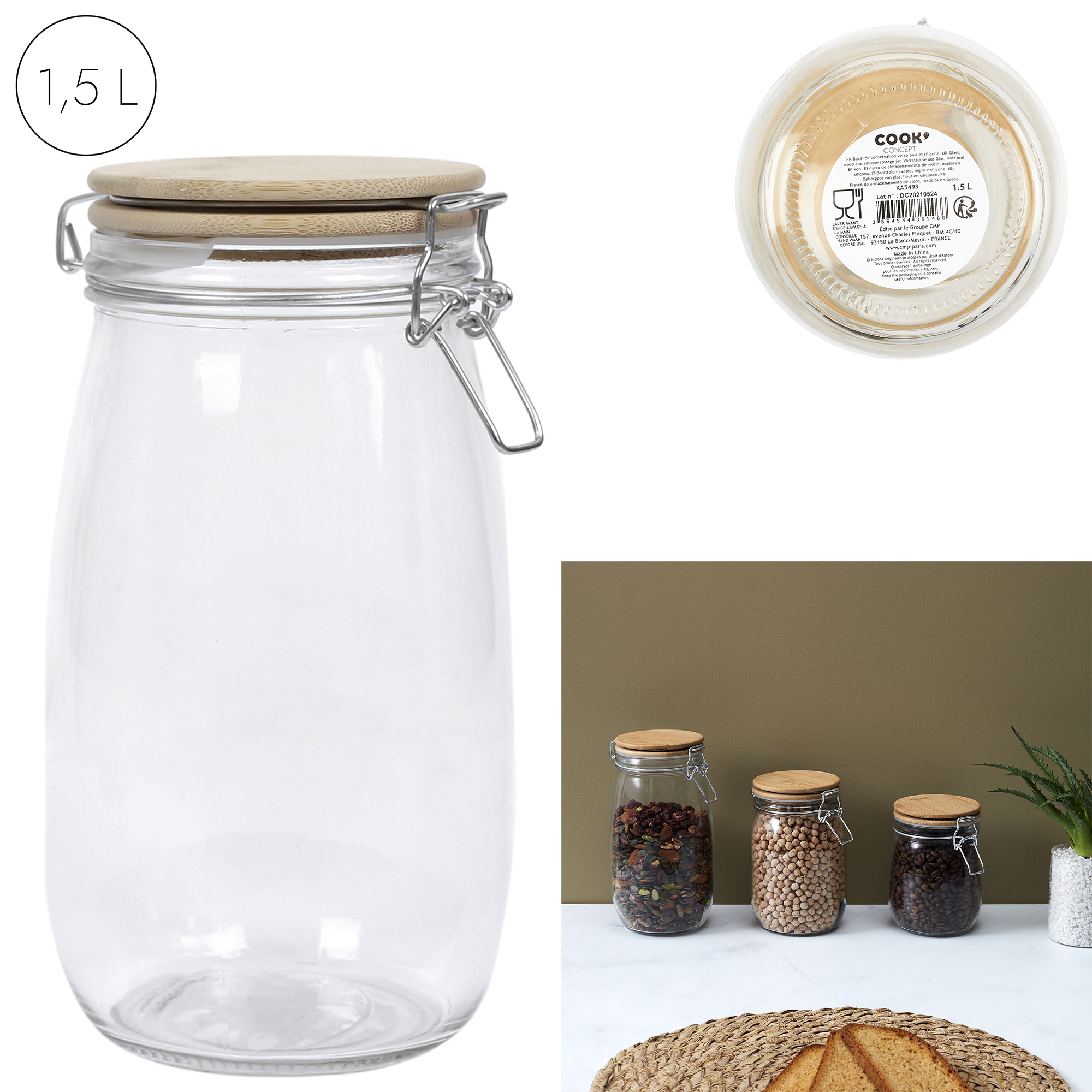 Weckpot met bamboedeksel 1,5 liter