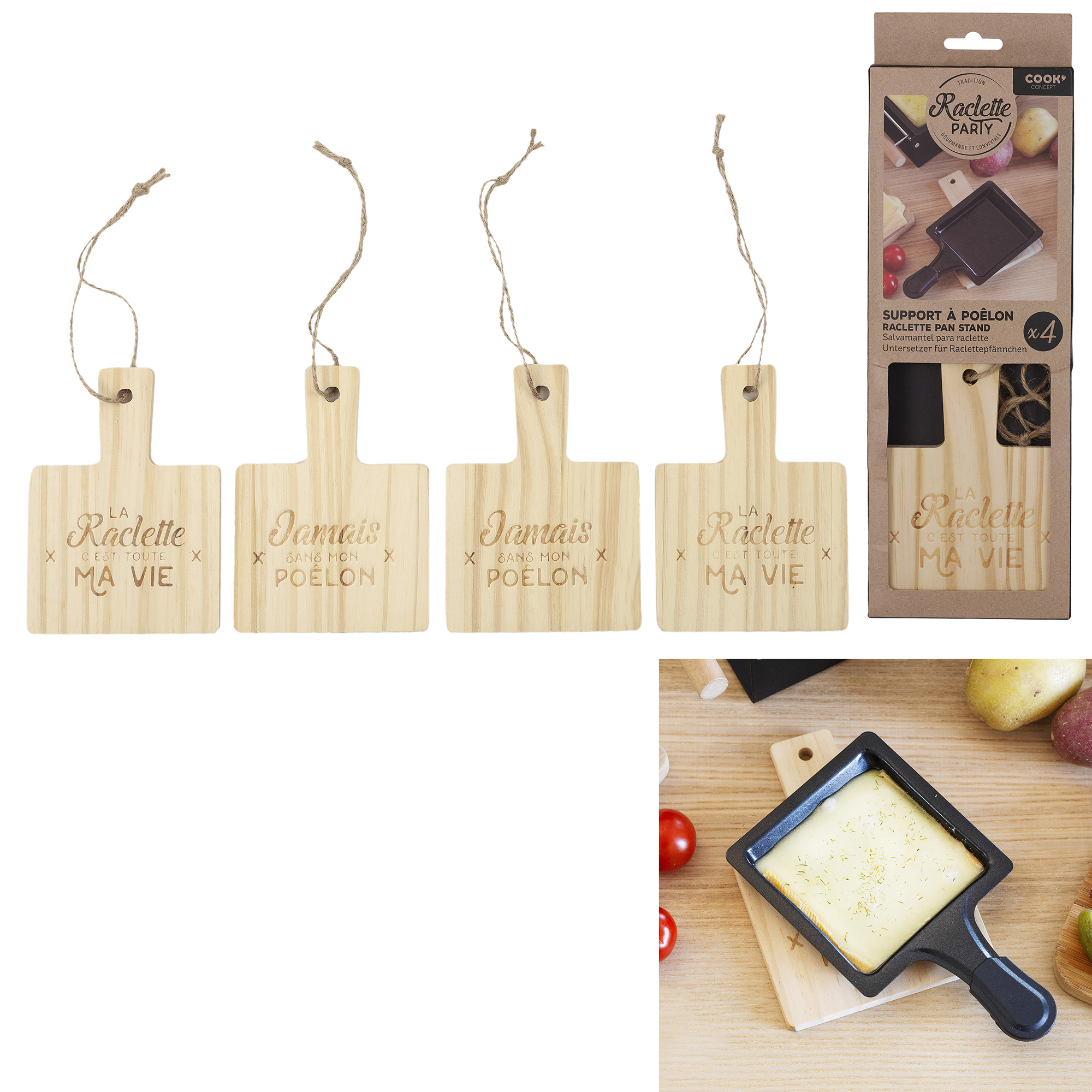 Houten raclette pannenstandaard set 4 stuks