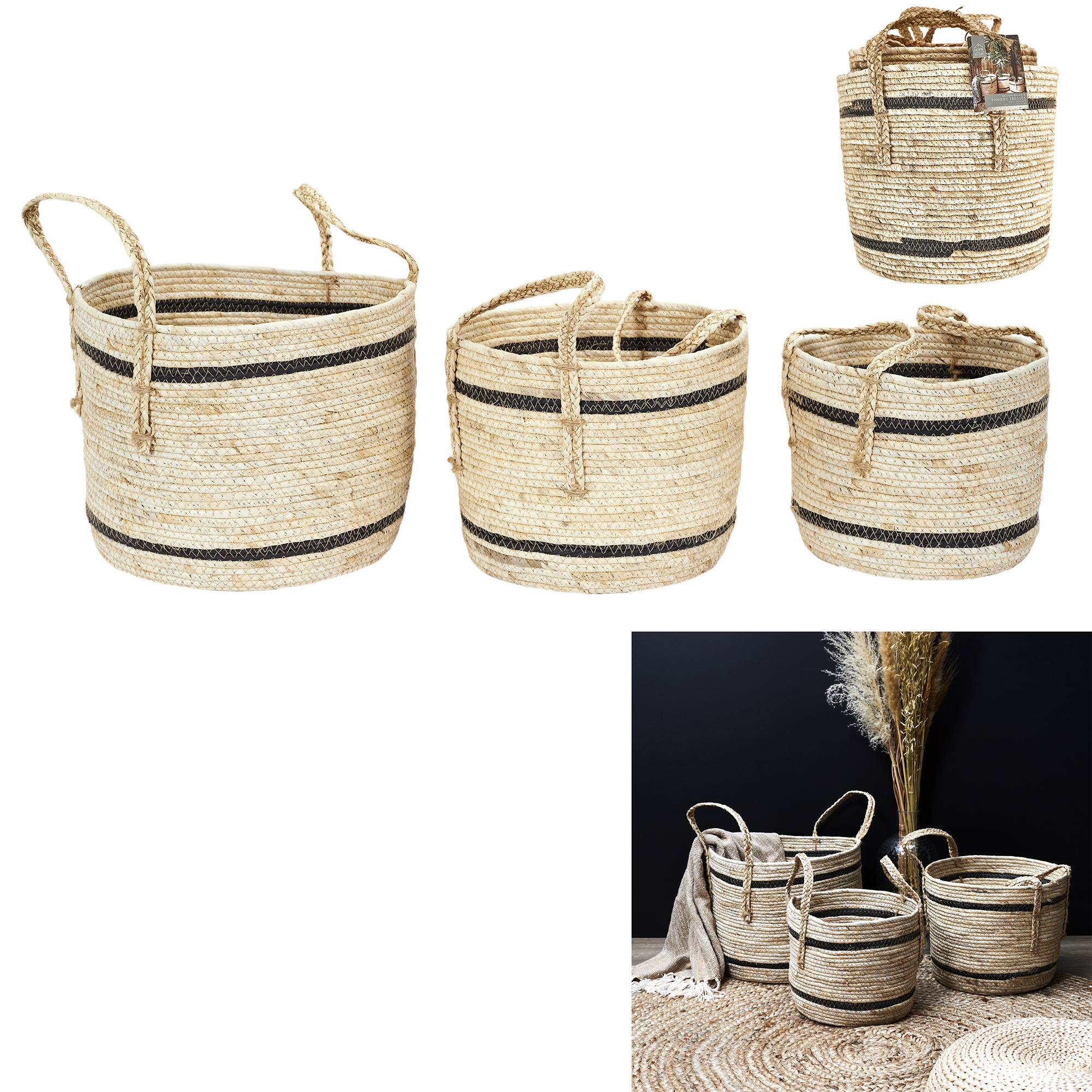 Gevlochten manden met handvaten set 3 stuks