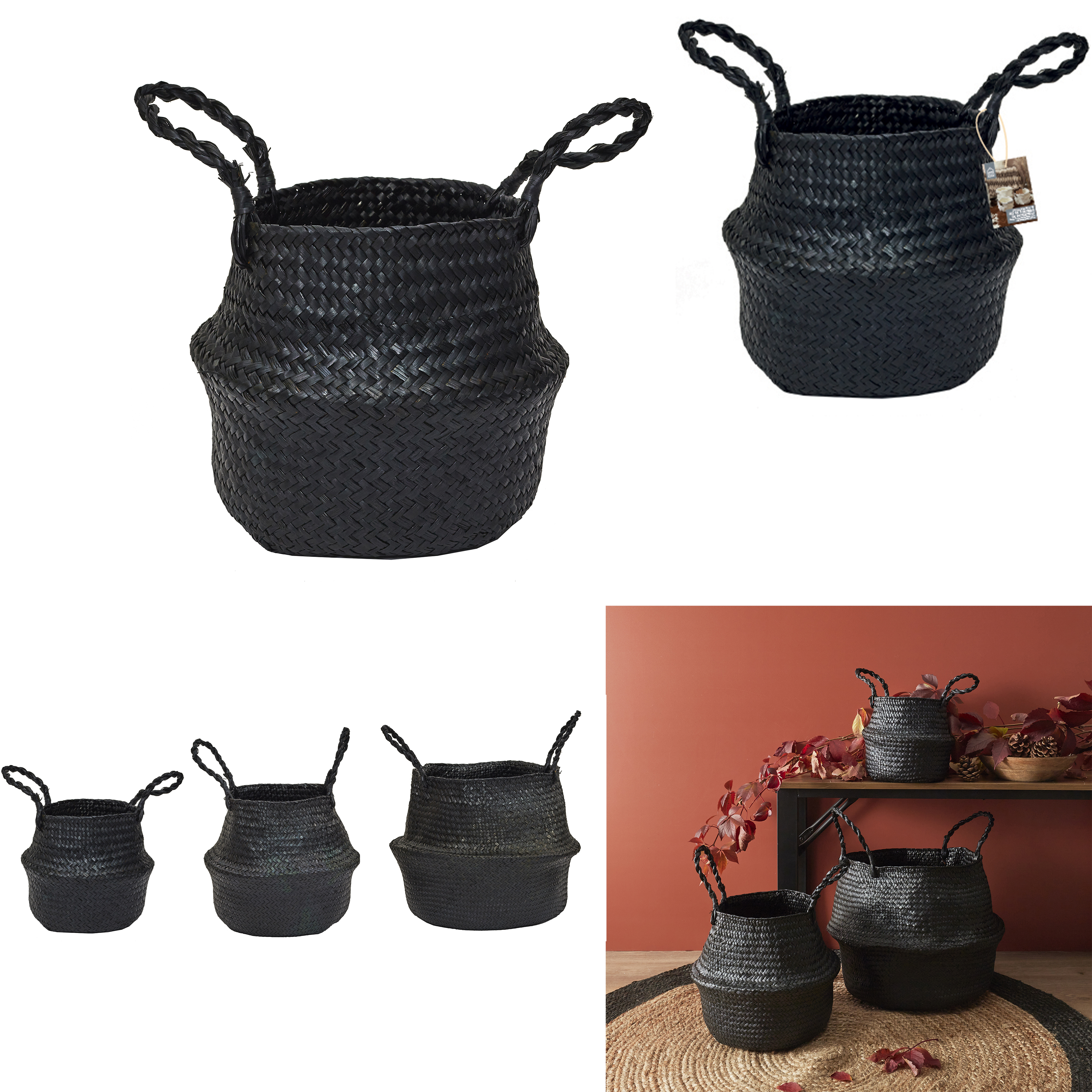 Black Forest Gevlochten manden met handvaten set 3 stuks, Zwart