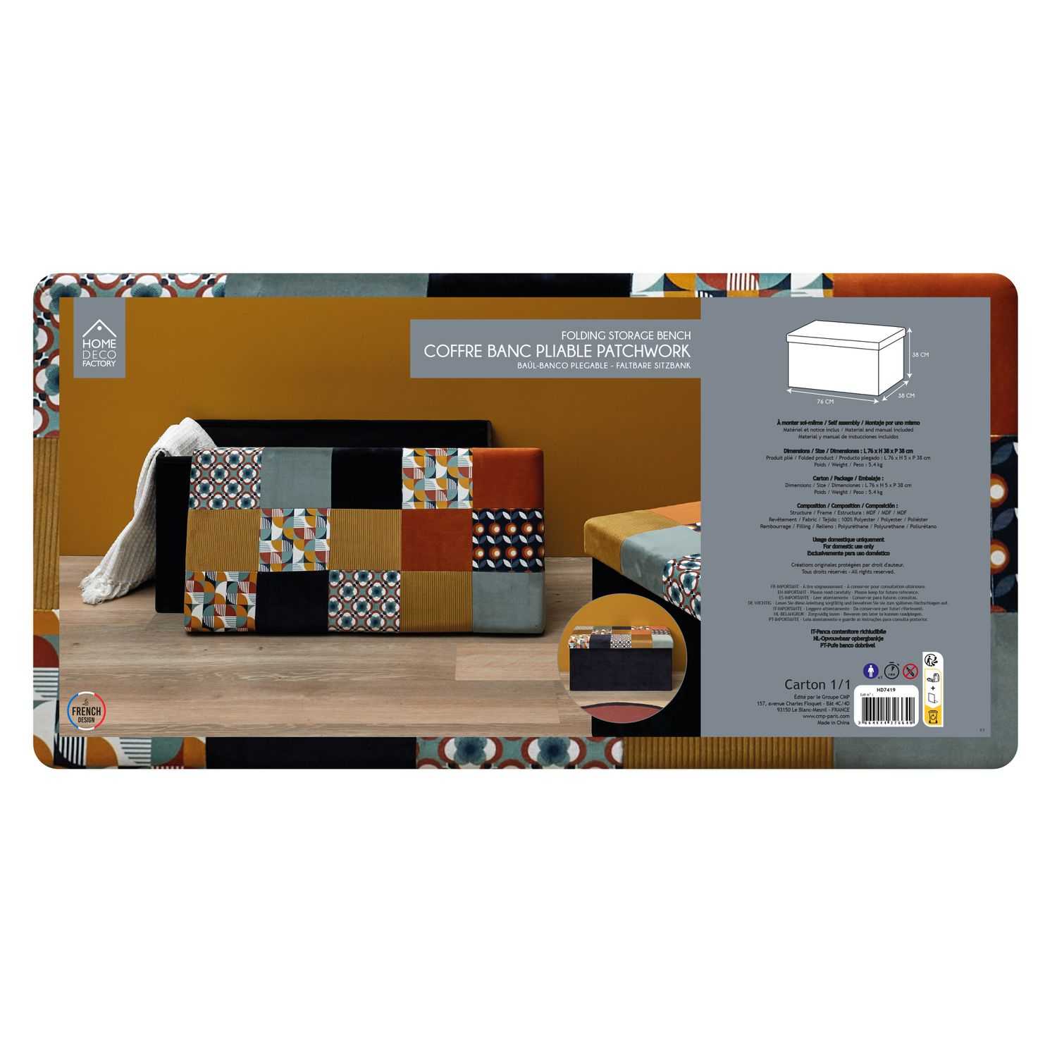 Home Deco Retro Opvouwbare poef Patchwork 76x38x38cm