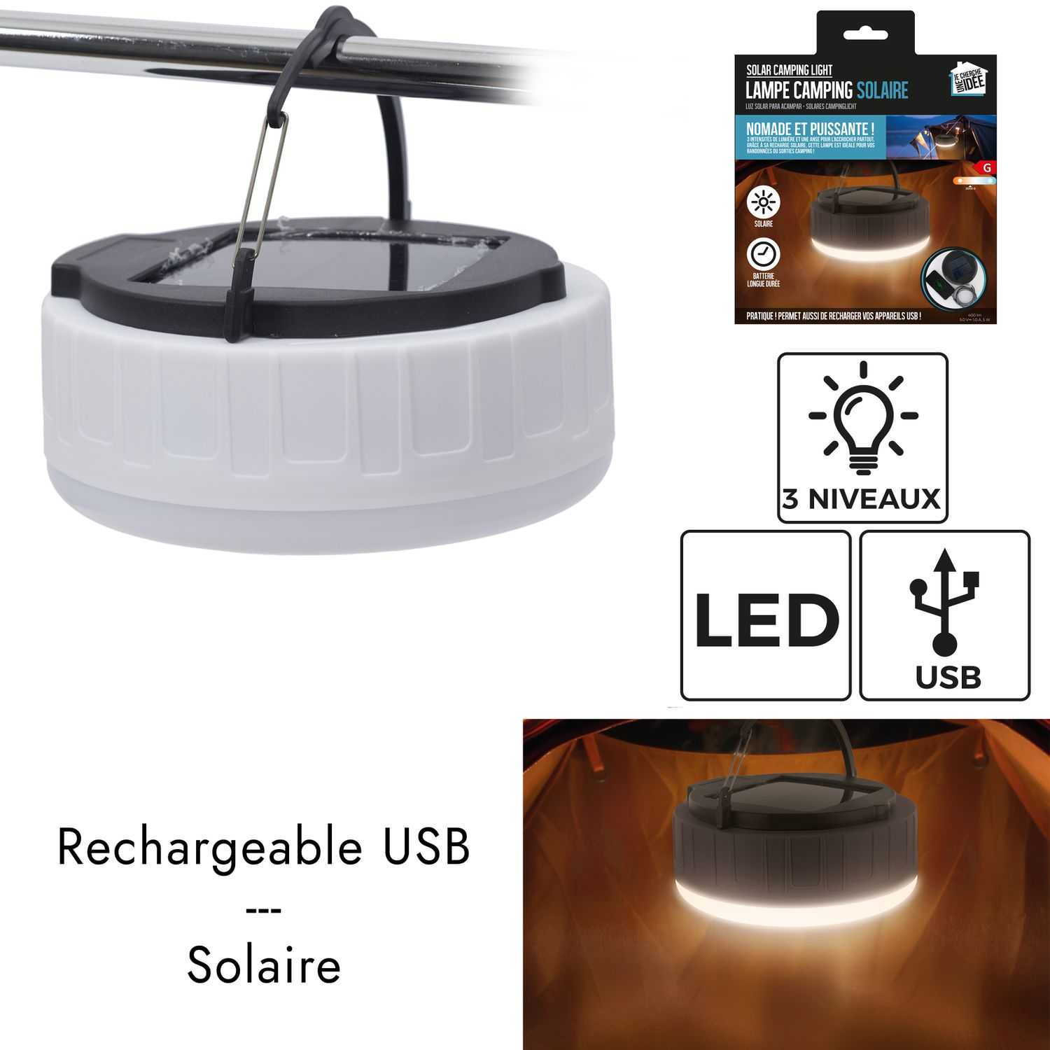 Solar campinglamp met ophangbeugel