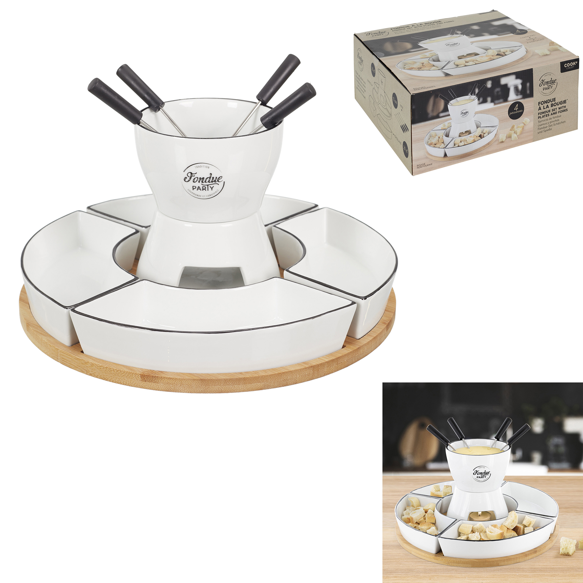Fondueset met brander, vorken, bakjes en onderbord
