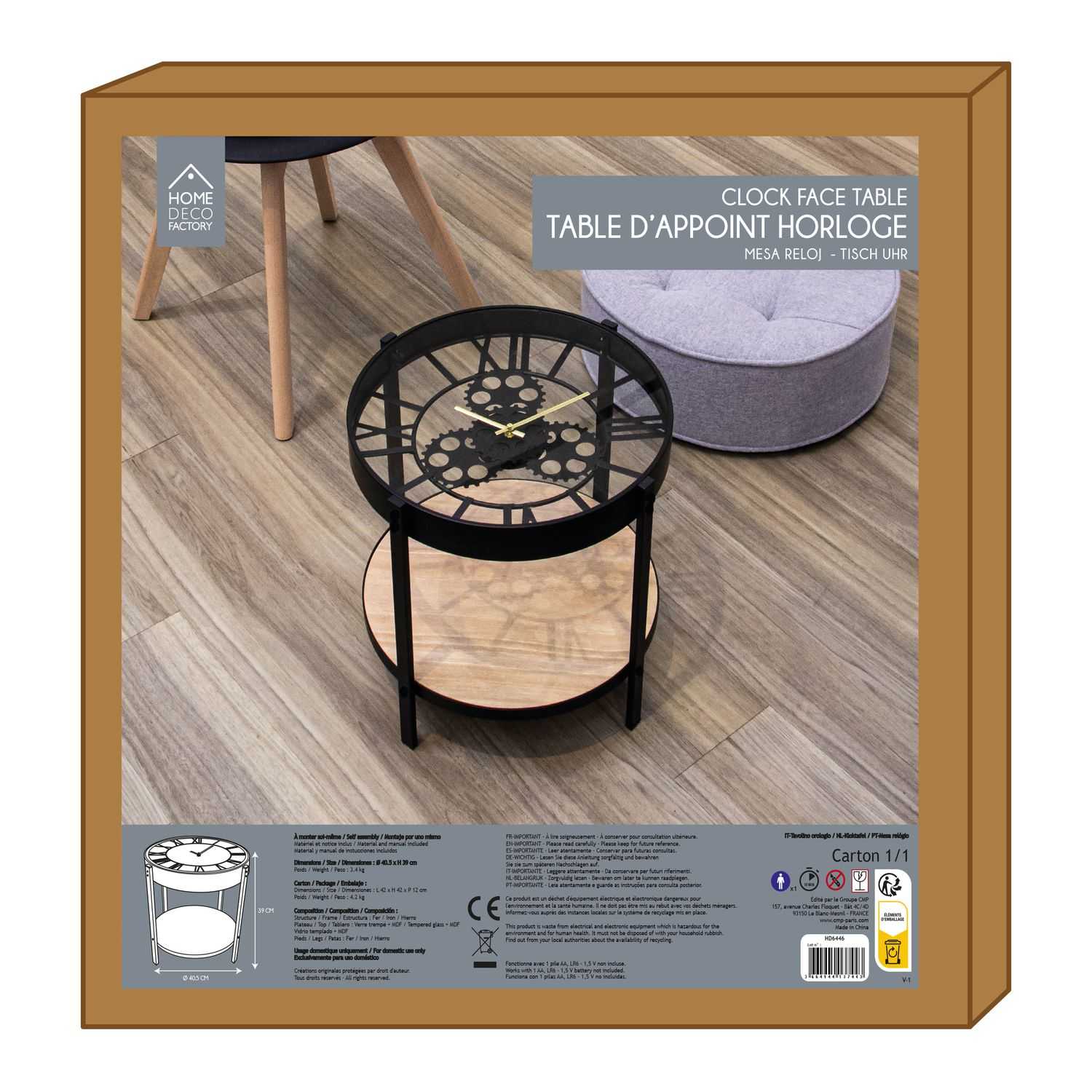 Bijzettafel met glazen blad met klok