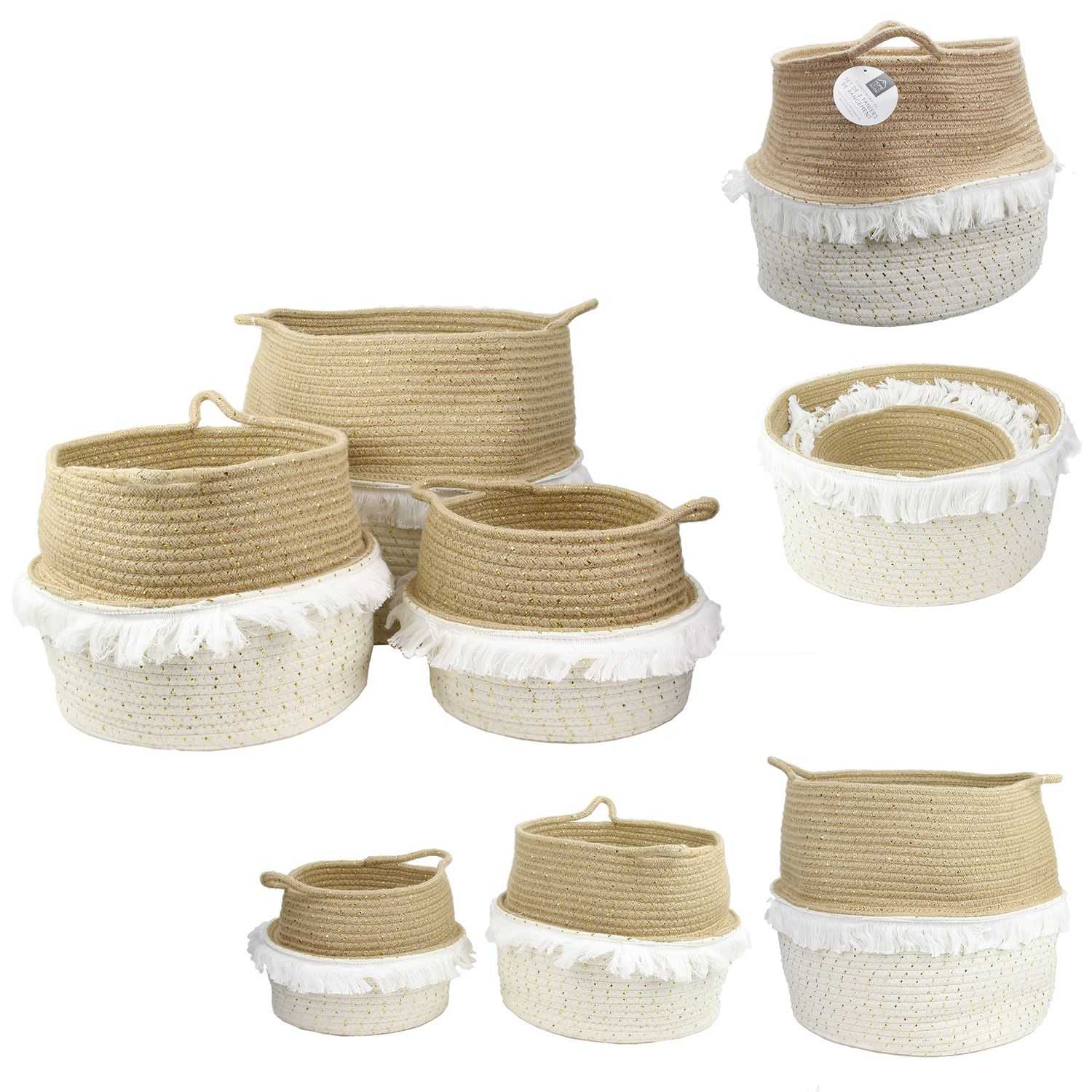 Opbergmanden met franje en gouden rand set 3 stuks