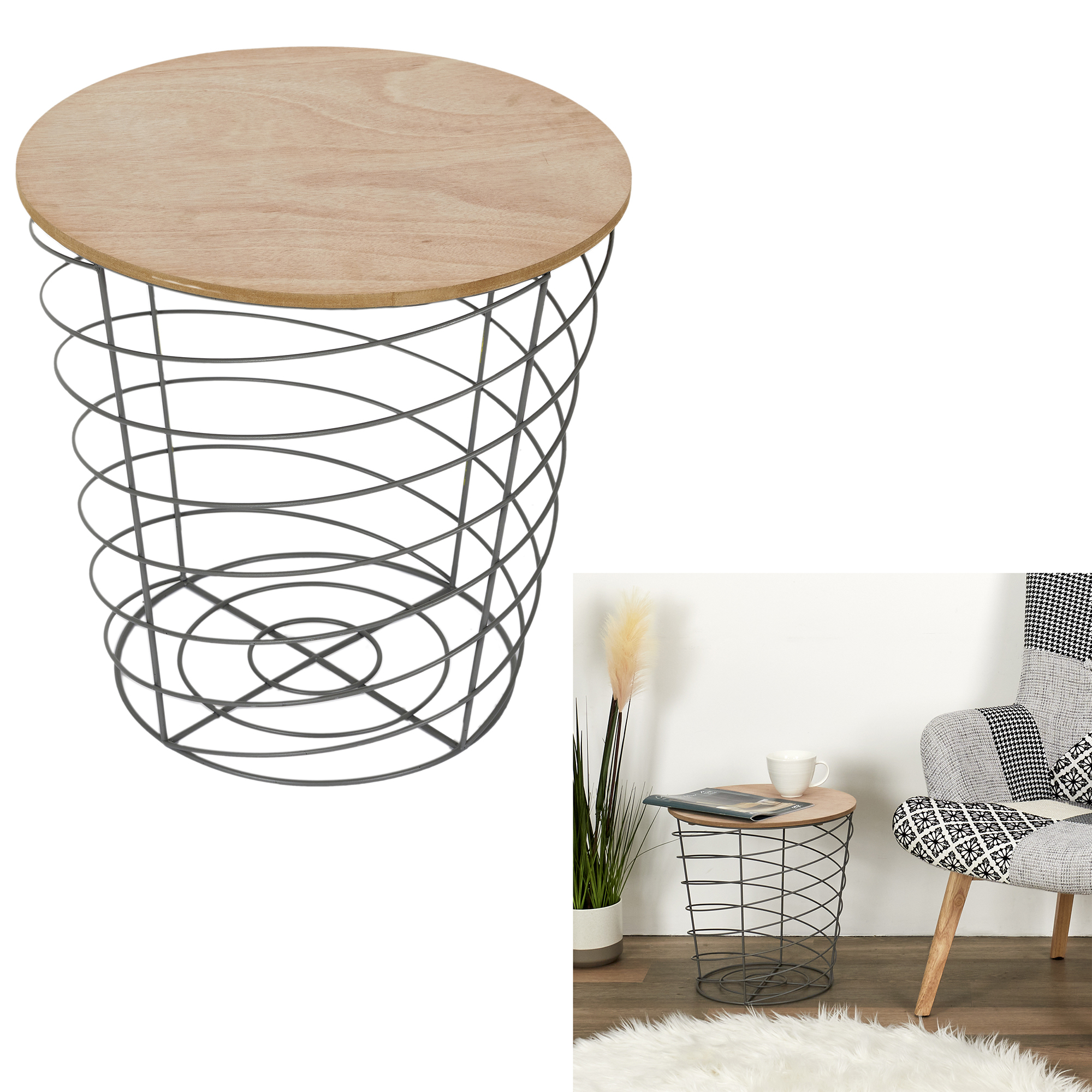 Tafel van cycloonhout en grijs metaaldraad