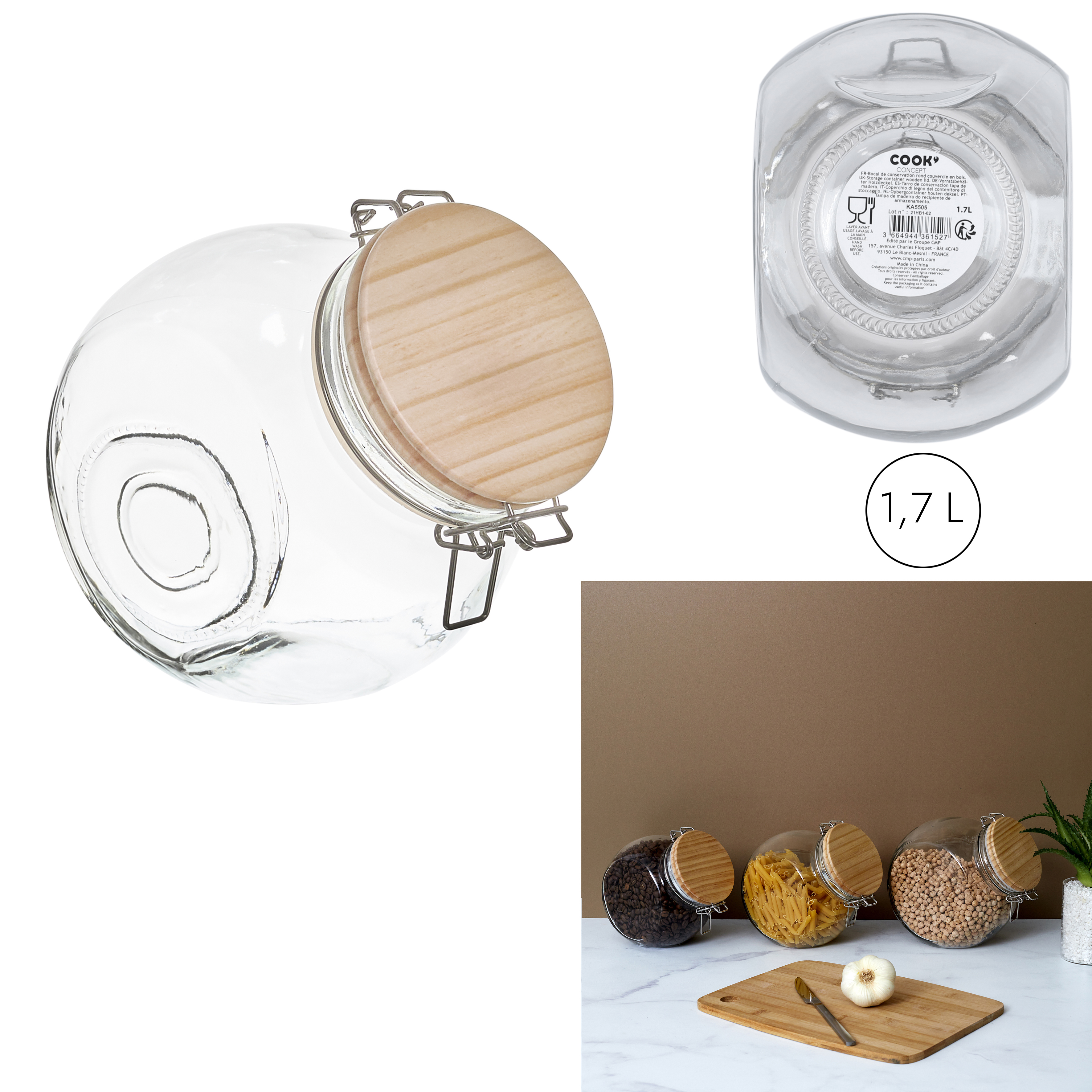 Glazen snoeppot met houten deksel 1,7liter Glazen snoeppot met houten deksel 1,7liter